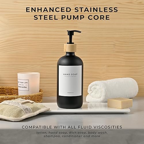 Miniatura 4 de MaisoNovo Dispensador de jabón de manos de vidrio  Dispensador de jabón para platos para cocina  Botellas negras de 16.9 onzas con bomba de bambú