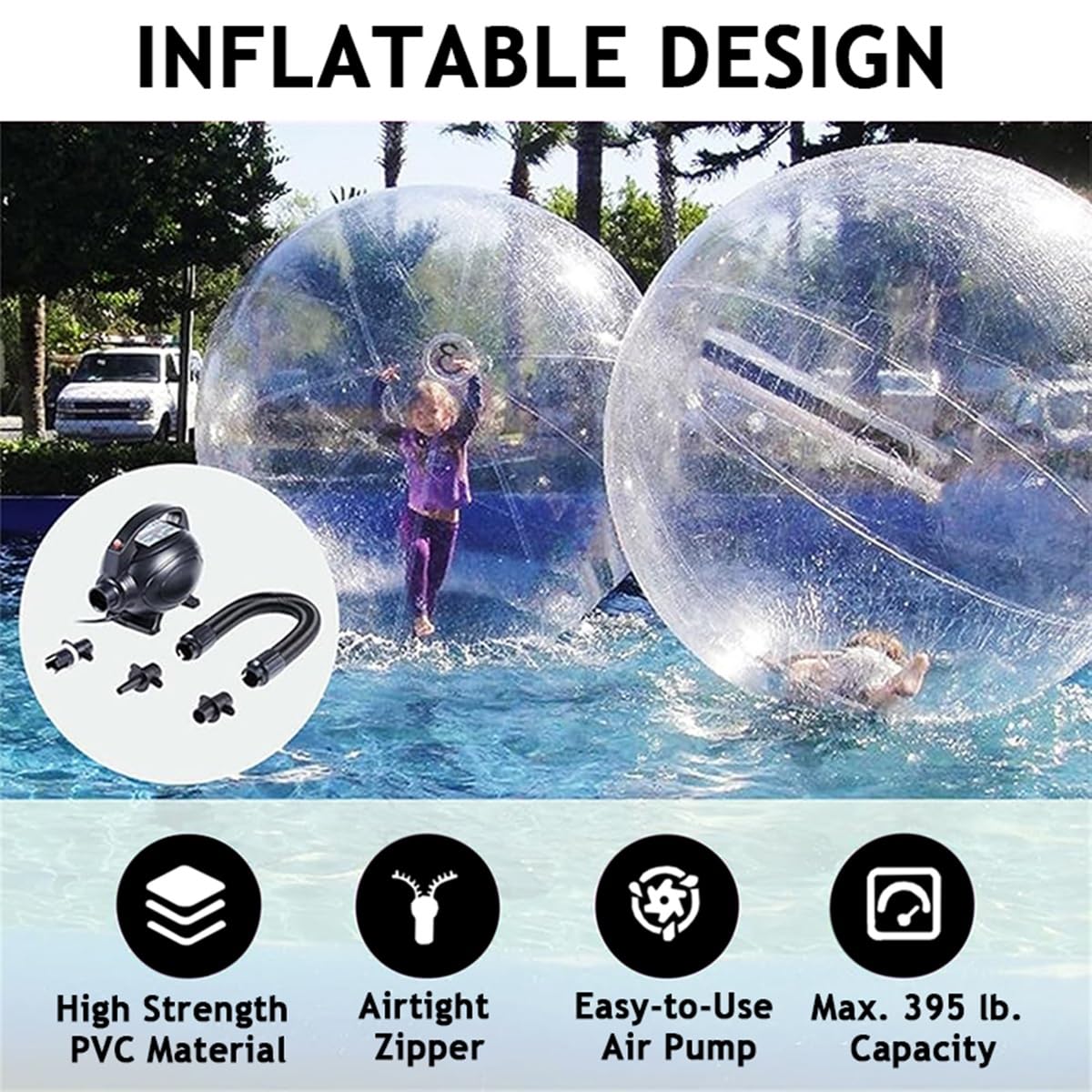 Pallone gonfiabile in PVC trasparente, con cerniera, per spiagge e piscine, con pompa ad aria, divertente attrezzatura per sport acquatici