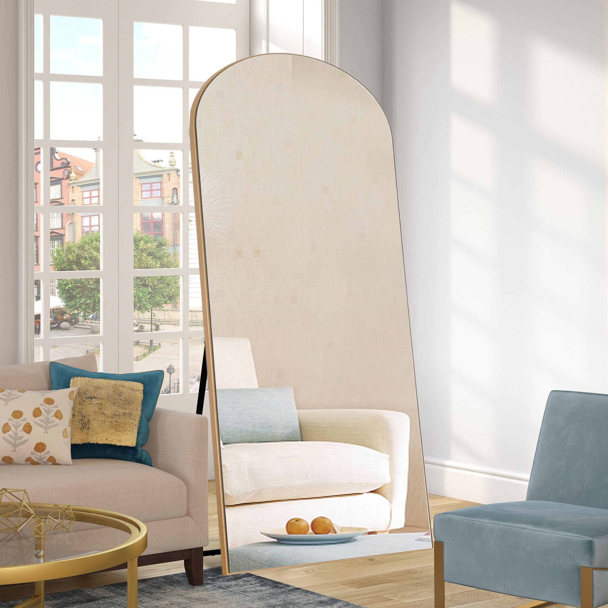 NeuType Arched Full Length Mirror, 71"x28"Full Body Mirror, Wooden Thin Frame, Hanging or Leaning Against Wall, Oversized Large Bedroom Mirror, Floor Mirror, Dressing Mirror, Gold