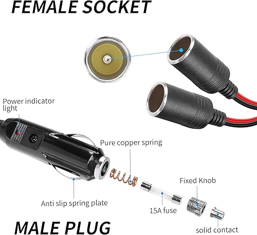 Miniatura 2 de Cable divisor en Y para encendedor de cigarrillos para automóvil, YACSEJAO 14 AWG 2 pies, 12 V24 V, 1 a 2, cable de extensión de 2 vías