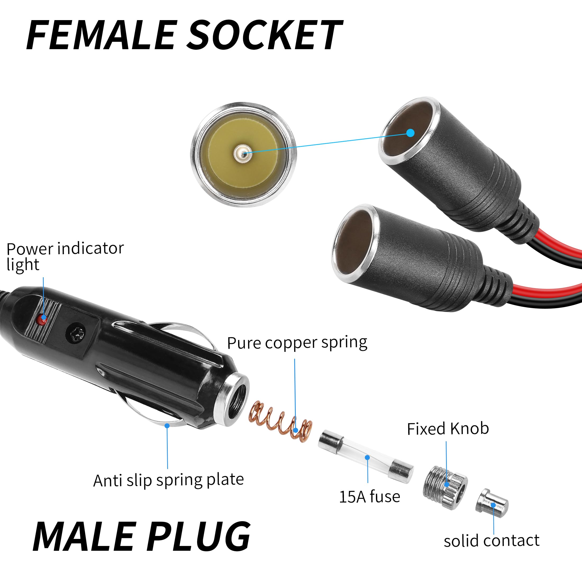 DC 12V-24V Auto Accendisigari Splitter, Cavo Di Prolunga per Accendisigari per Auto, 1 Spina Maschio a 2 Prese Accendisigari, 12V/24V Presa Splitter Accendisigari Auto Adattatore Con Interruttore