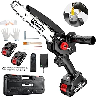 8 Inch Mini Chainsaw, 2023 Upgraded Seesii Cordless Chainsaw with Brushless Motor 2×2.0AH Batteries Auto Oiler Chain Adjustment, Cordless Battery Chainsaw for Branch Tree Cutting Pruning