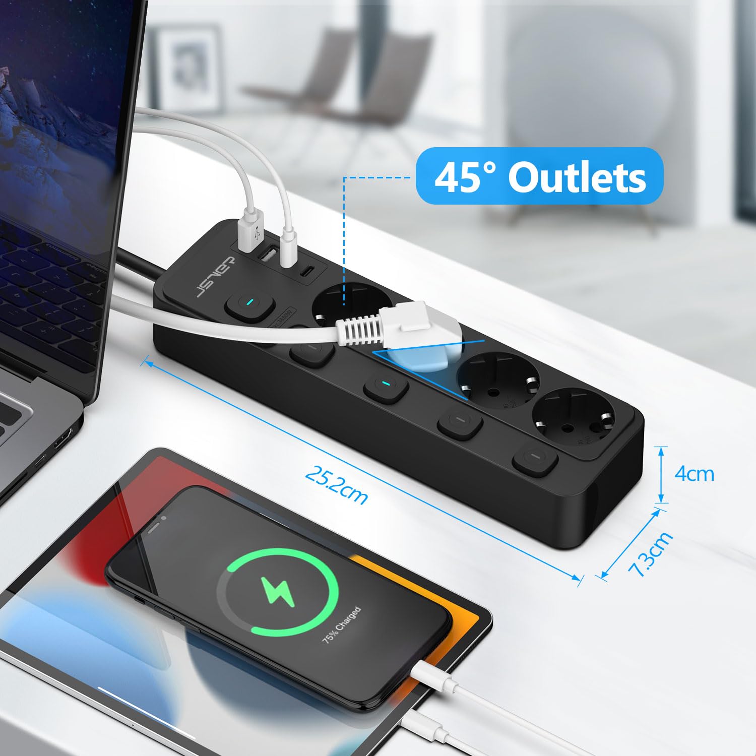 JSVER Regleta Enchufe USB de 4 Tomas con 4 Interruptor Individualcon, Regleta 4 USB Puertos(2 A,2 C) Alargadera Electrica para el hogar, la Oficina y los ViajesCable 2m-Negro — view 5