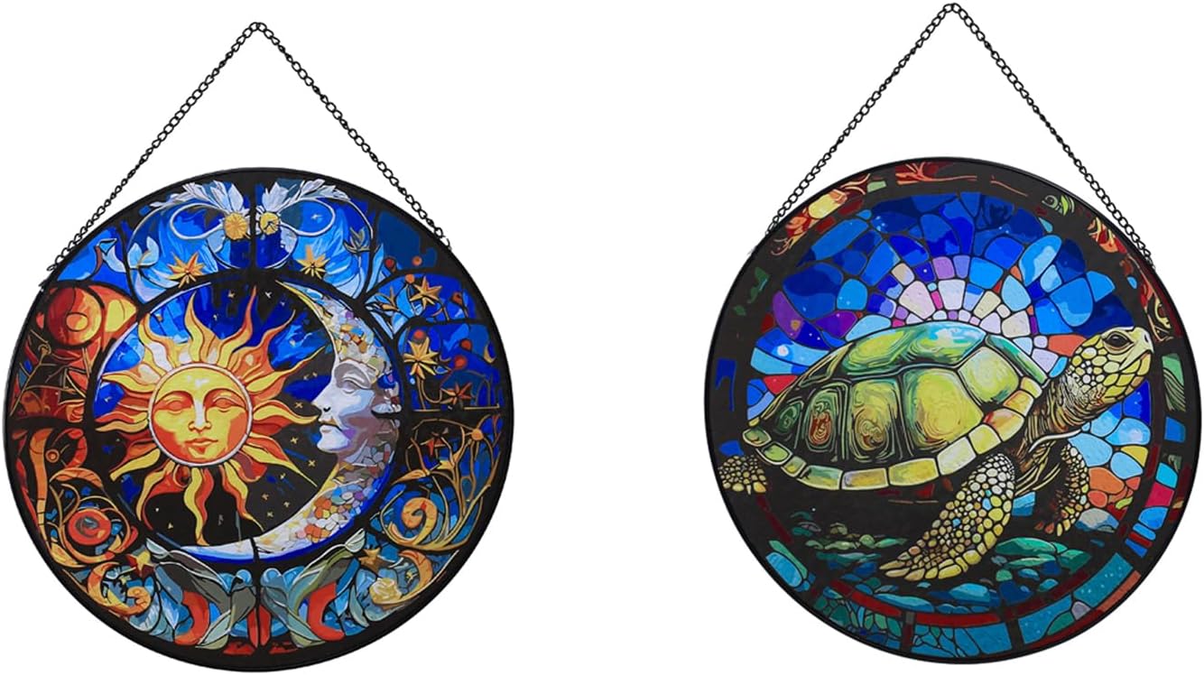 Sun and Moon+Turtle Hanging Stained Glass Suncatcher for Windows,20cm/7.87inch Hand-Painted Sun Catcher Garden Hangings Christmas Mother's Day, Valentine's Day Ornaments Festival Gift(2Pcs)