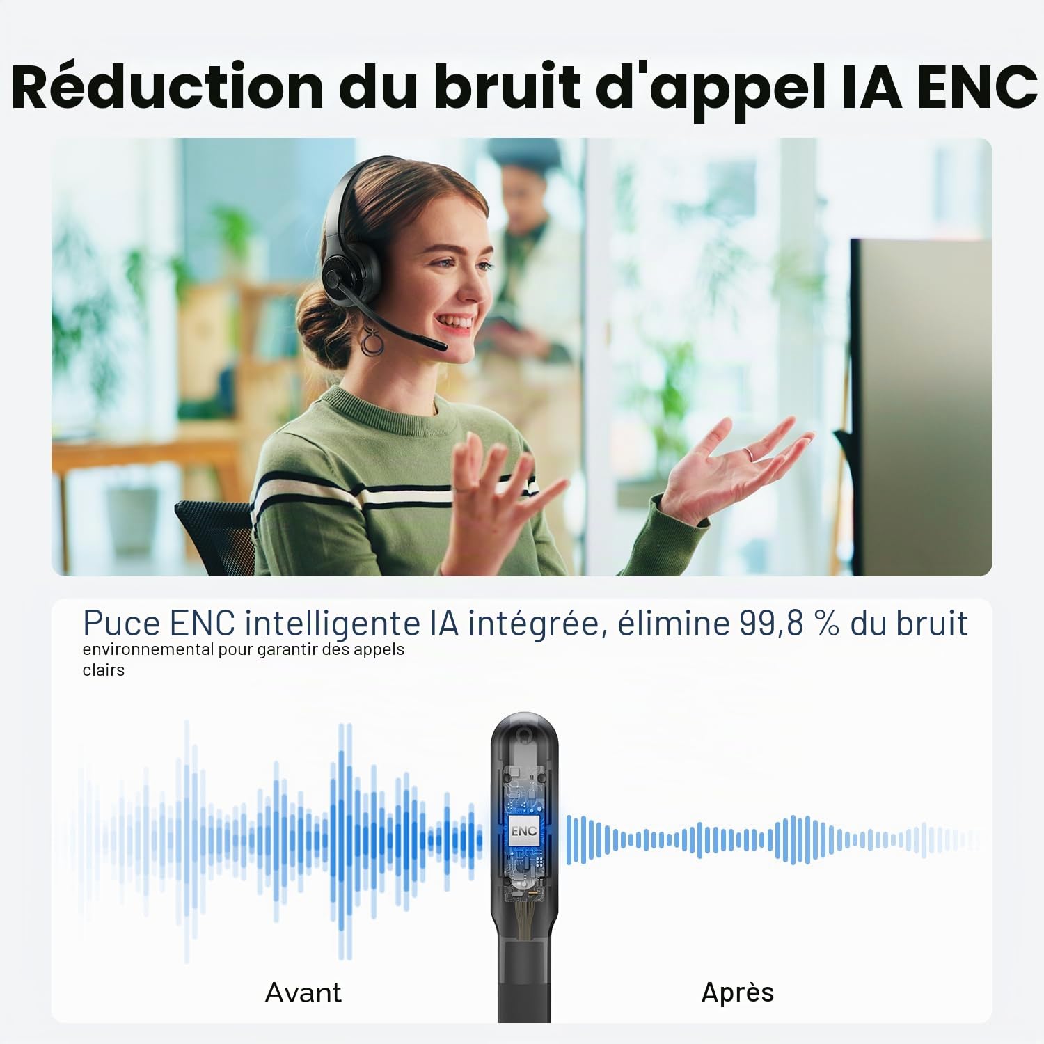 EKSA H3 Casque Bluetooth 5.4 avec Micro [65 Hrs de Temps de Lecture et Portée de 30 m] Casque PC Mono et à Réduction de Bruit Mic, Casque sans Fil Compatible avec Zoom/Teams/Skype