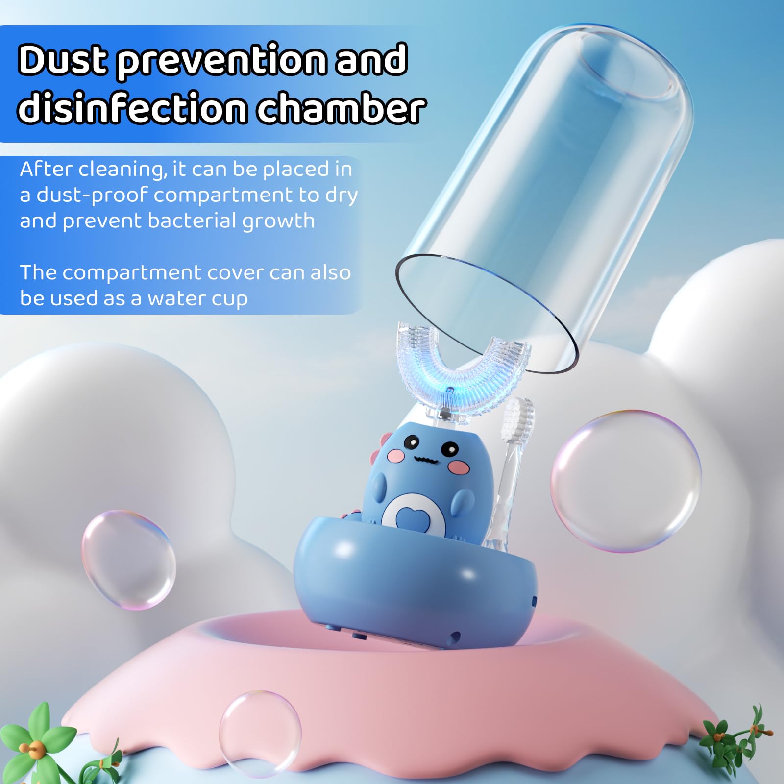 Cepillo de dientes eléctrico en forma de U para niños, con 3 modos de limpieza, con 4 cabezales de cepillo, cepillo de dientes automático sónico de 360°, IPX7 impermeable, diseño de dinosaurio de