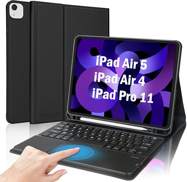 Keyboard case for iPad Air 5th/4th Generation,DINGRICH Bluetooth Wireless Detachable Keyboard Case with Trackpad for iPad Air 5 2022 /iPad Air 4 2020/iPad Pro 11 4th/3rd/2nd/1st Gen, Black