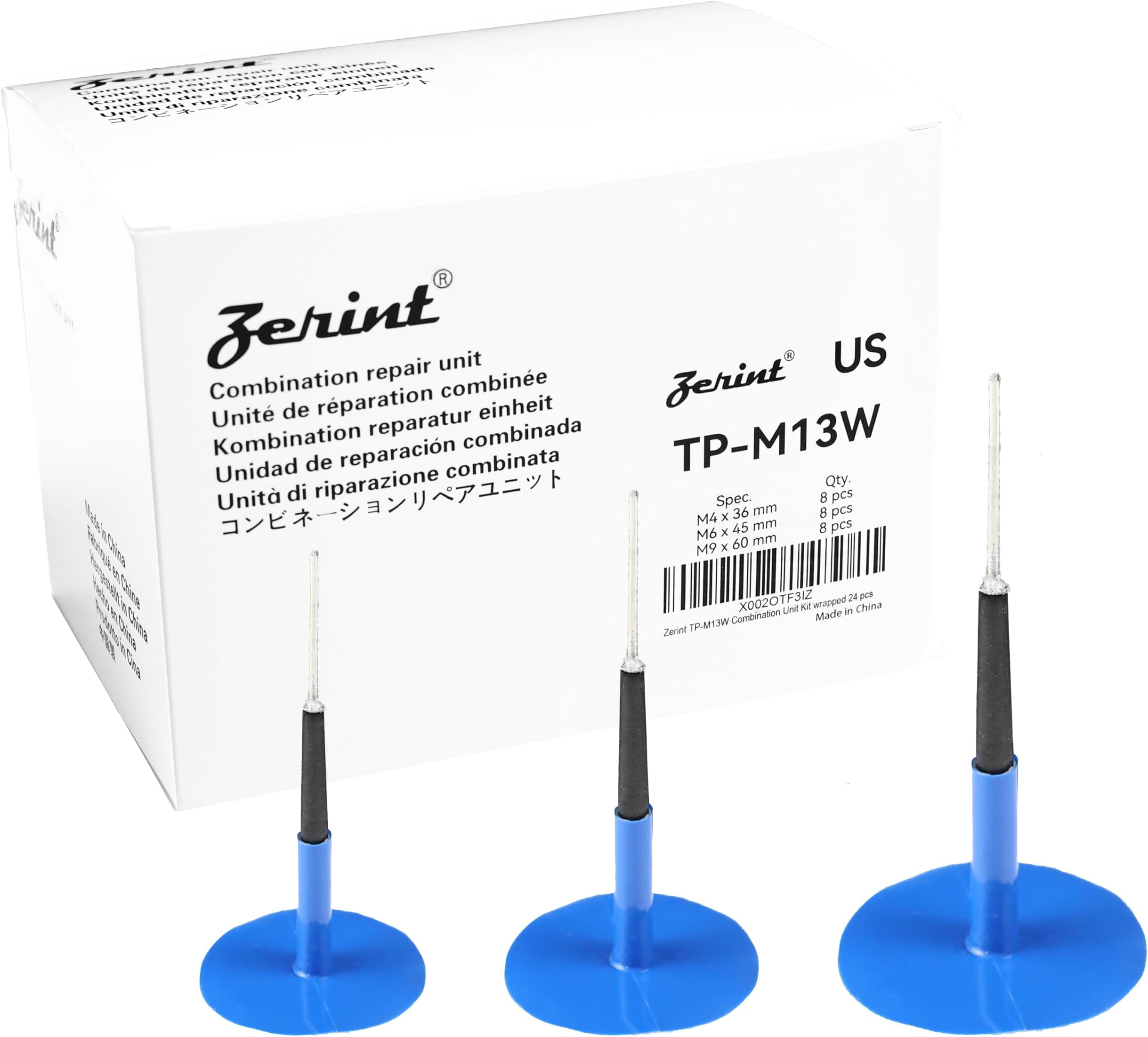 TP-M13W Combination Repair Unit Kit, Tire Repair Patch Plug Kit 1/6" x 1 3/8", 1/4" x 1 3/4" and 3/8" x 2 3/8" Wrapped stem 8 pcs Each