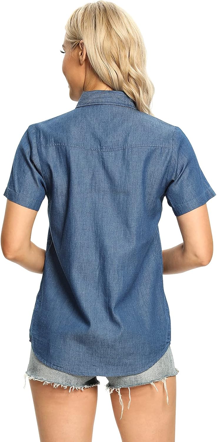 Women's Lightweight Short Sleeve Button Down Denim Chambray Shirt Casual Summer Tops Collared Blouse - Image 2