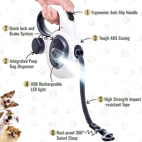 Miniatura 3 de Correa retráctil para perro de 16 pies 4 en 1 con luz LED, dispensador, bolsas para excrementos, freno de bloqueo rápido y mango antideslizante, 360