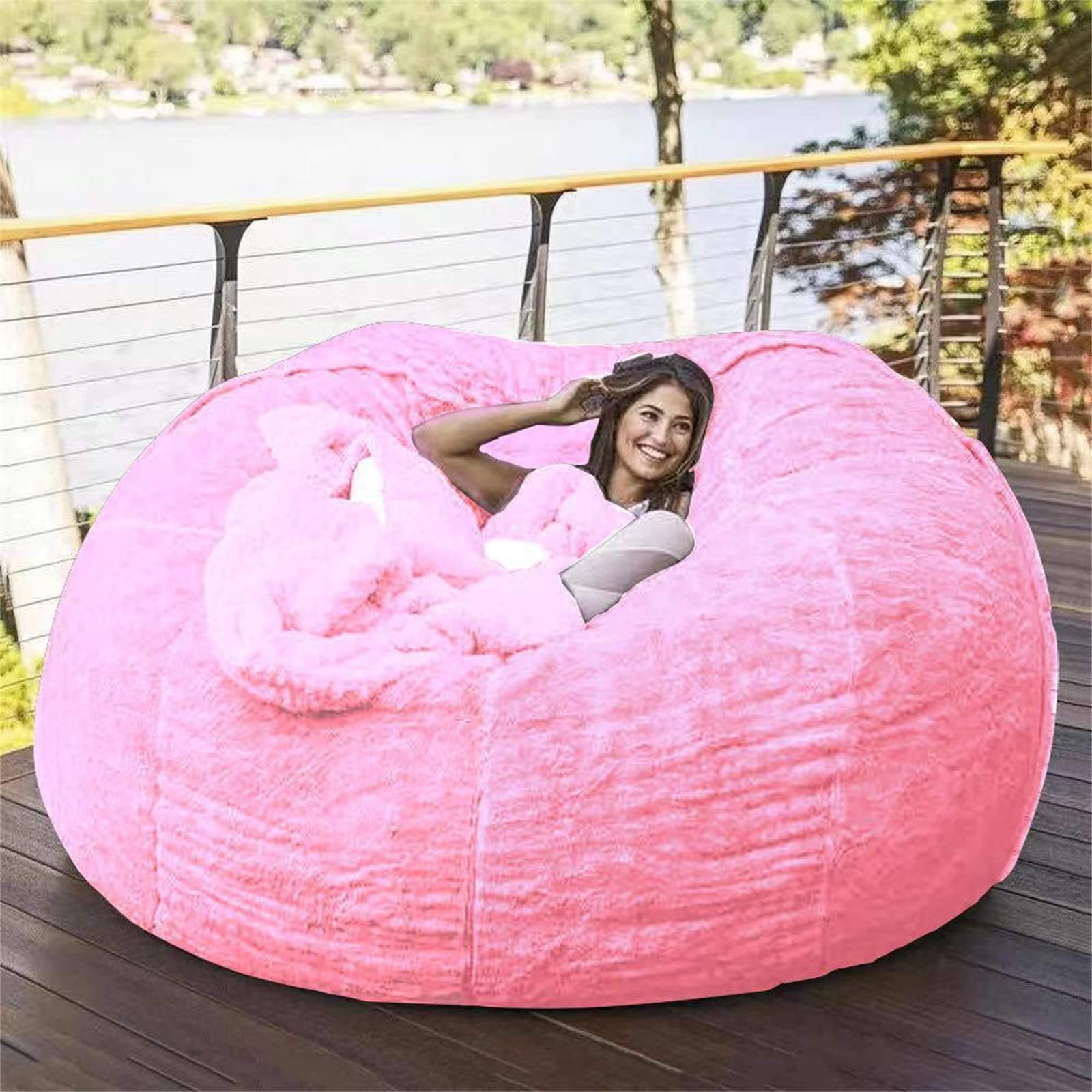 (Cover only, No Filler) Giant Fur Bean Bag Chair Cover for Kids Adults, Living Room Furniture Big Round Soft Fluffy Faux Fur Beanbag Lazy Sofa Bed Cover (Pink, 7 Feet)