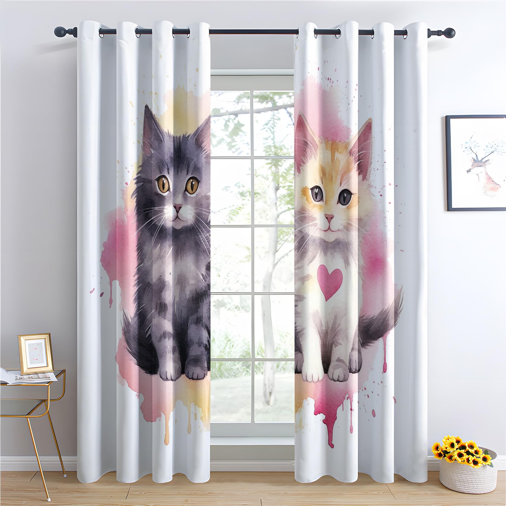 Rideau Occultant Chat Mignon, Chaton Motif Rideaux Thermiques à Oeillets, Rideaux Imprimé pour Salon Chambre Fenetre Moderne Décoration, 75x166 cm (L x H), Lot de 2