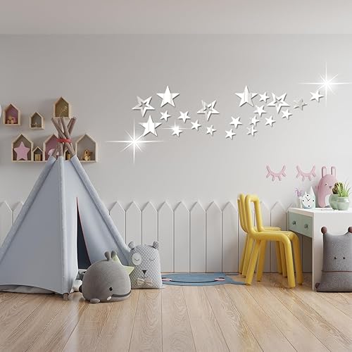 Miniatura 9 de 52 calcomanías de pared de espejo acrílico con estrellas, 2 tamaños, calcomanías de estrellas con adhesivo artístico, decoraciones de pared 3D para