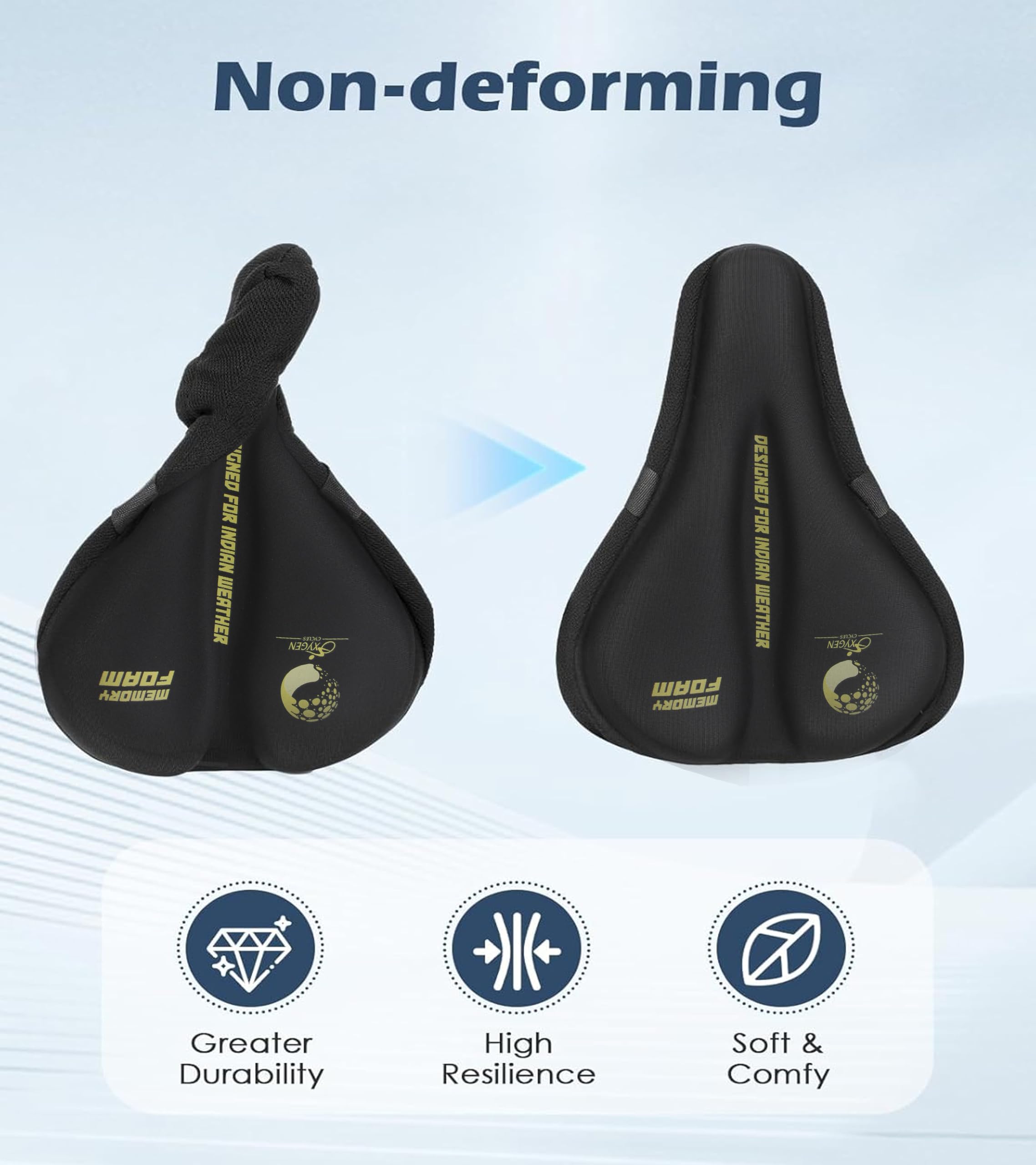 OXYGEN Cycle Seat Cover for Bicycle, Memory Foam Bike Seat Cushion, Universal Fit, 11 x 7.1 Inch, Black, Soft Anti Slip Saddle Cover for MTB, Road, City & Exercise Bikes 3