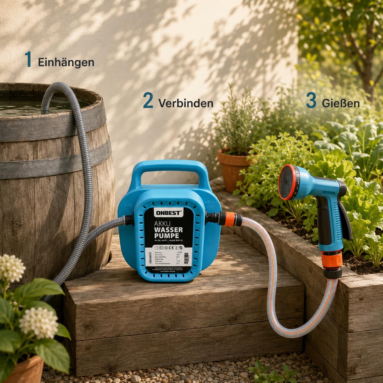ONBEST Akku Wasserpumpe Komplettset: Schlauch, Brause, Filter & Ladegerät | 10 m Schlauch, 8000 mAh Akku, selbstansaugend, 8 bar – Regentonne