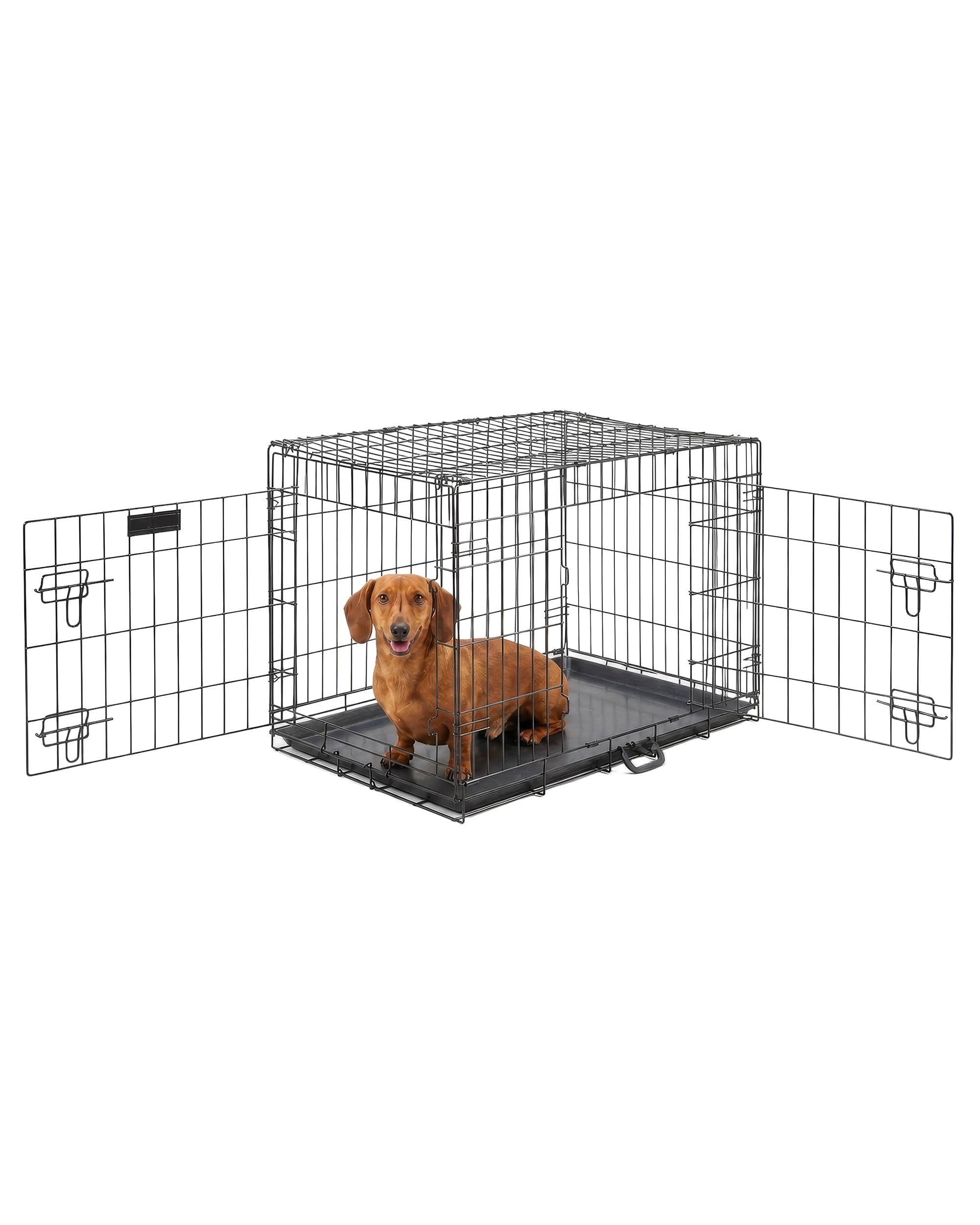 FurDreams 24" Folding Dog Crate for Small Dogs - Heavy-Duty Black Metal Cage with Front & Side Doors, Chew-Resistant Plastic Tray & Carry Handle, Quick Setup (60 × 45 × 50 cm)