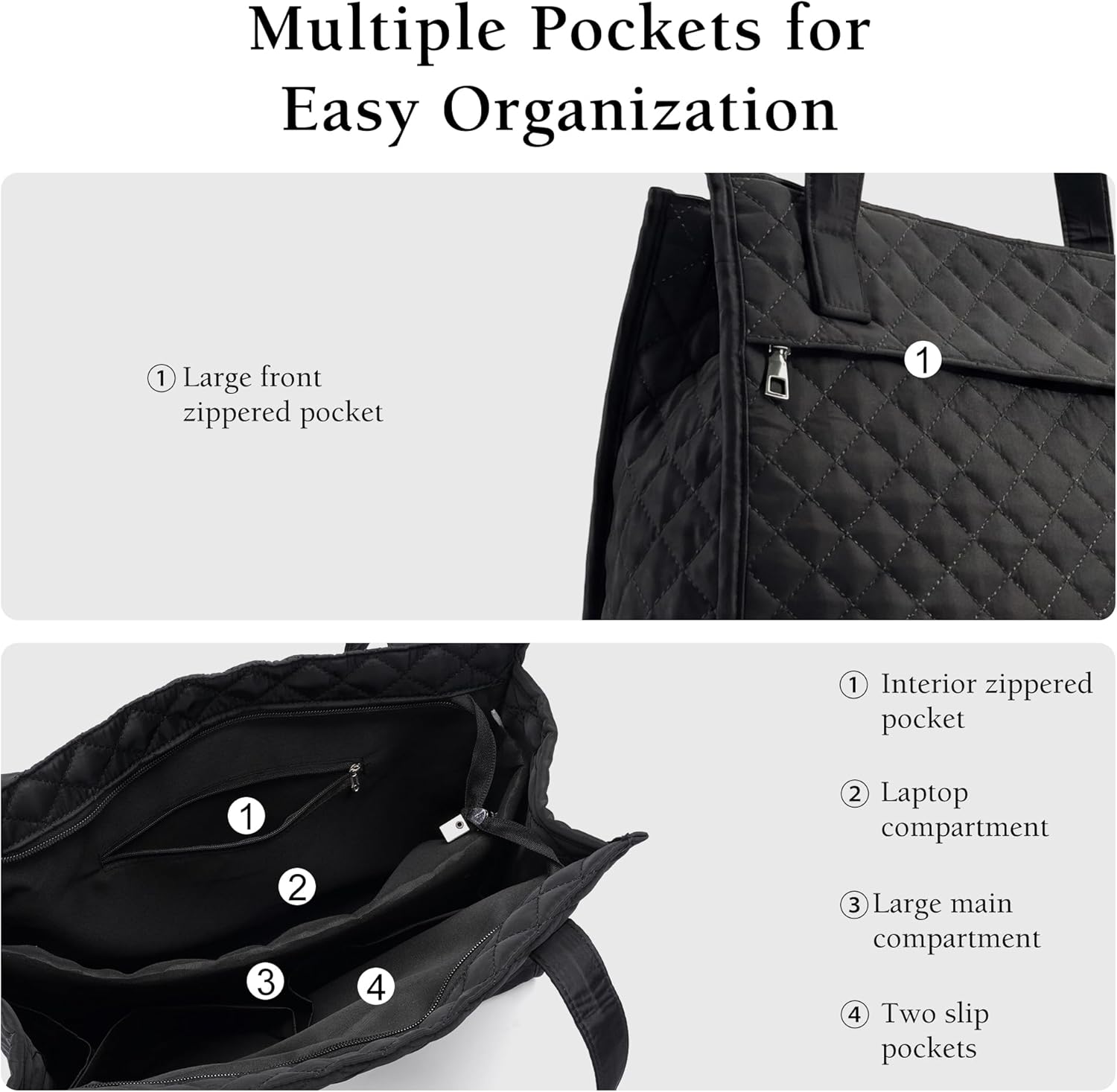 Tote Bag for Women, Lightweight Quilted Puffer Tote Bag with Compartments, Spacious Work Shoulder Bag with Zipper for Travel