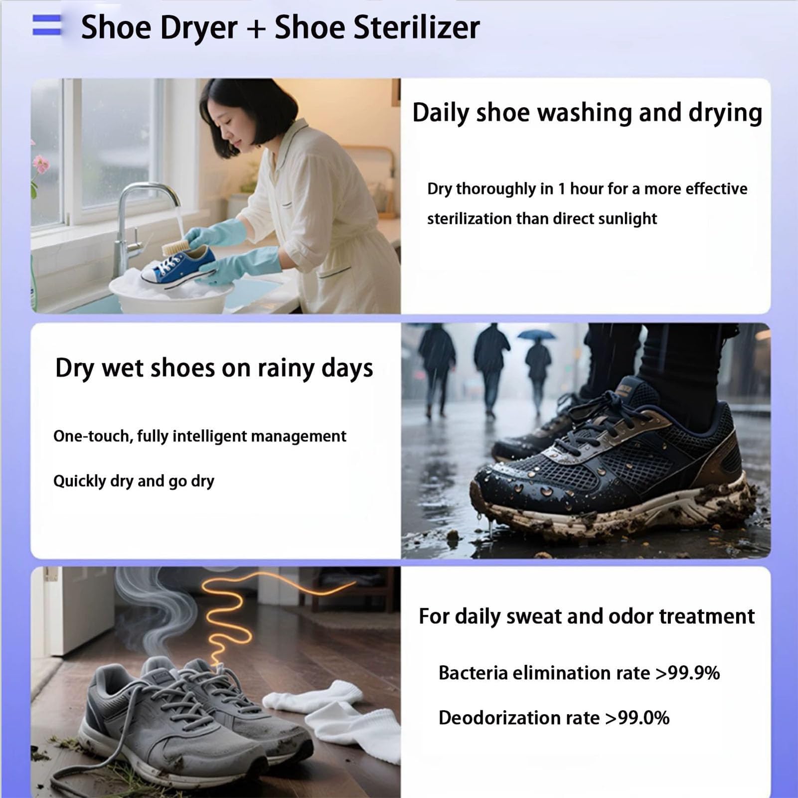 Secador de zapatos con separación hidroeléctrica, control de temperatura 40-65 °C, 3 modos para desodorizar el calzado