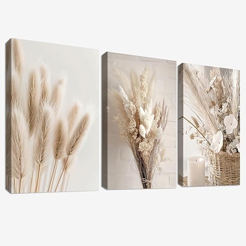 3Pcs Cadre en Bois Impression sur Toile Beige Boho Herbe