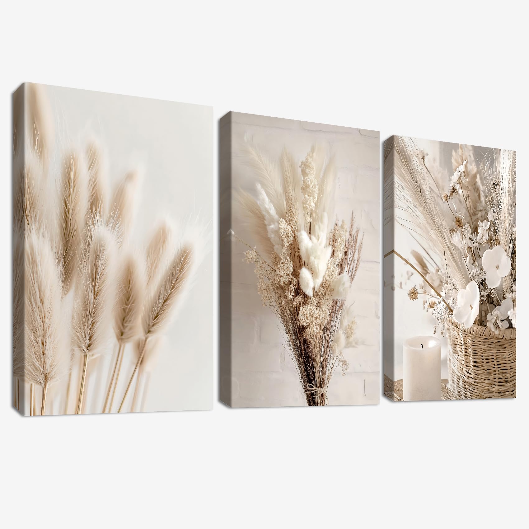 3Pcs Boho Beige Pampasgras Mit Rahmen Leinwand Bilder Nordische Blume Salbei Getrocknete Gras Pflanzen Bild auf Leinwand Malerei Wandbilder Wohnzimmer Schlafzimmer Badezimmer Wanddeko 40x60cm x3pcs