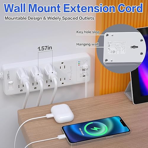 Miniatura 2 de Protector de sobretensiones, cable de extensión con temporizador USB, 8 salidas (1875 W15 A) y 2 puertos USB A+2USB C, certificación ETL, montaje en