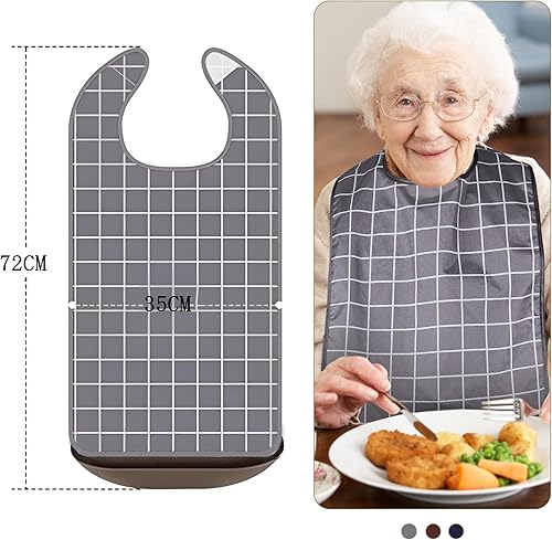 Miniatura 31 de Baberos para adultos, protector de ropa impermeable con atrapador de migas, baberos de comedor reutilizables para ancianos, hombres y mujeres Azul,