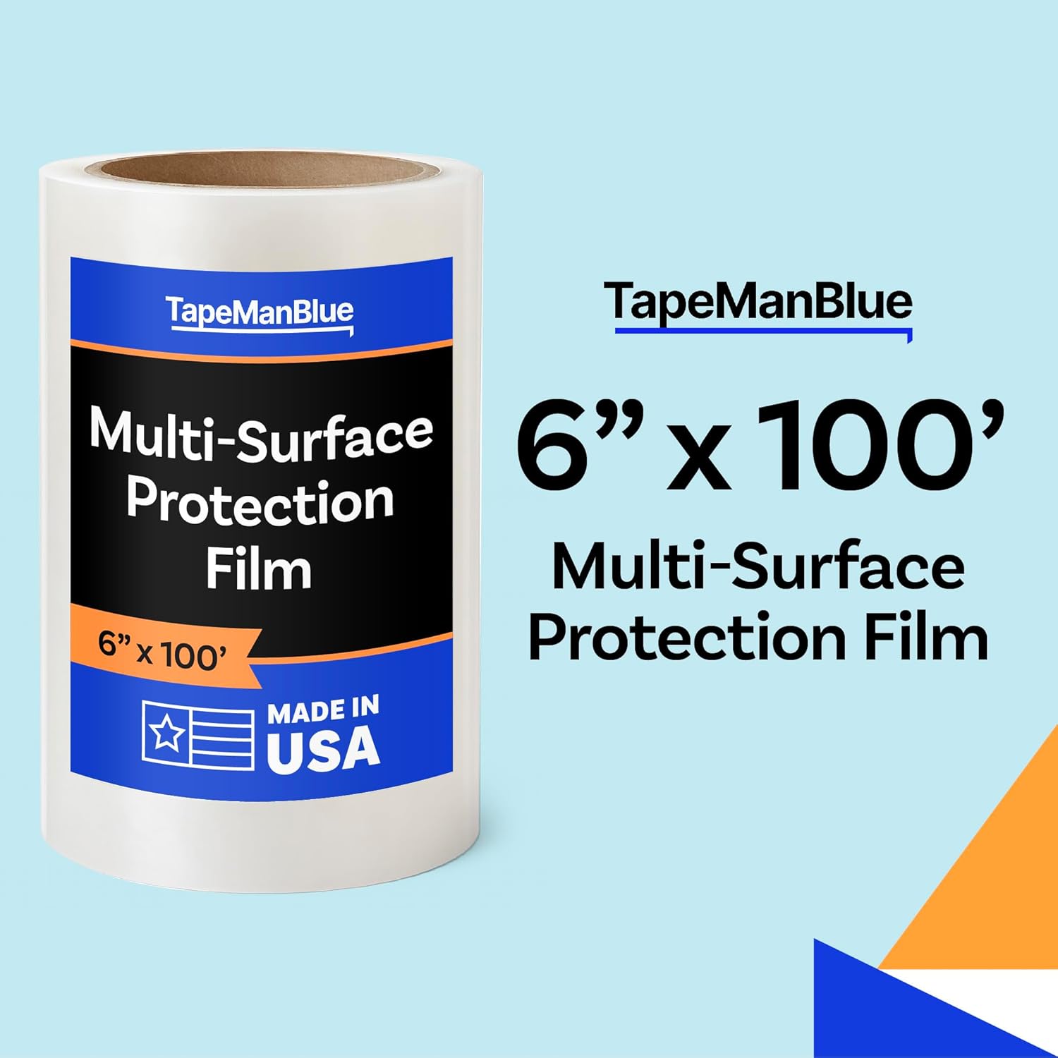 TapeManBlue Multi-Surface Protection Film, 6 inch x 100' Roll, Removable Surface Protection Film for Plastic, Metal, Counters, Floors, and Appliances, Clear Self Adhesive Multi-Use Protective Tape