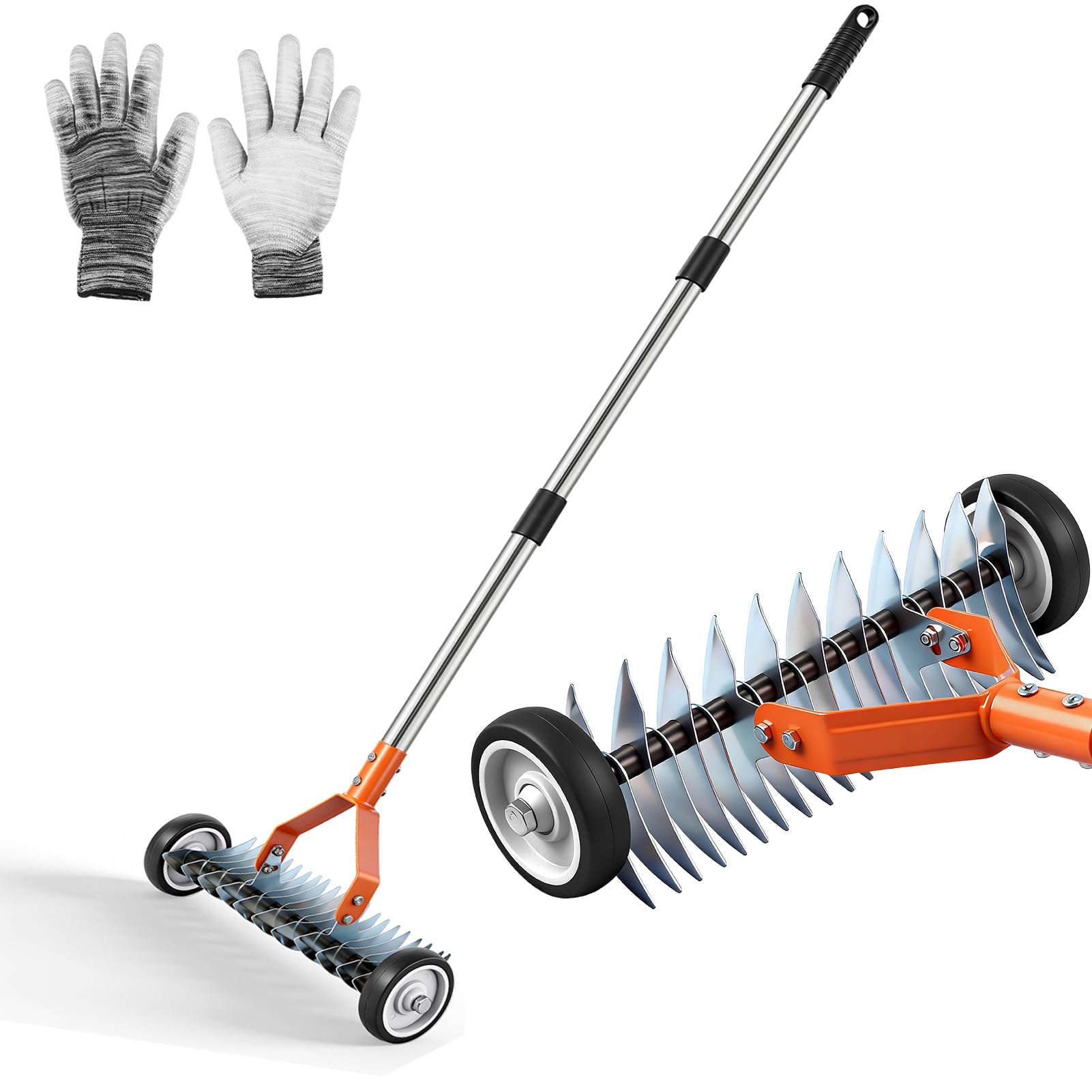 Viugreum Escarificador Ajustable con Rodillos, Rastrillo Manual con Mango y Ruedas, Rastrillo Metálico para Eliminar Paja y Hierba Muerta, Escarificador de Césped para Jardín, Patio y Césped