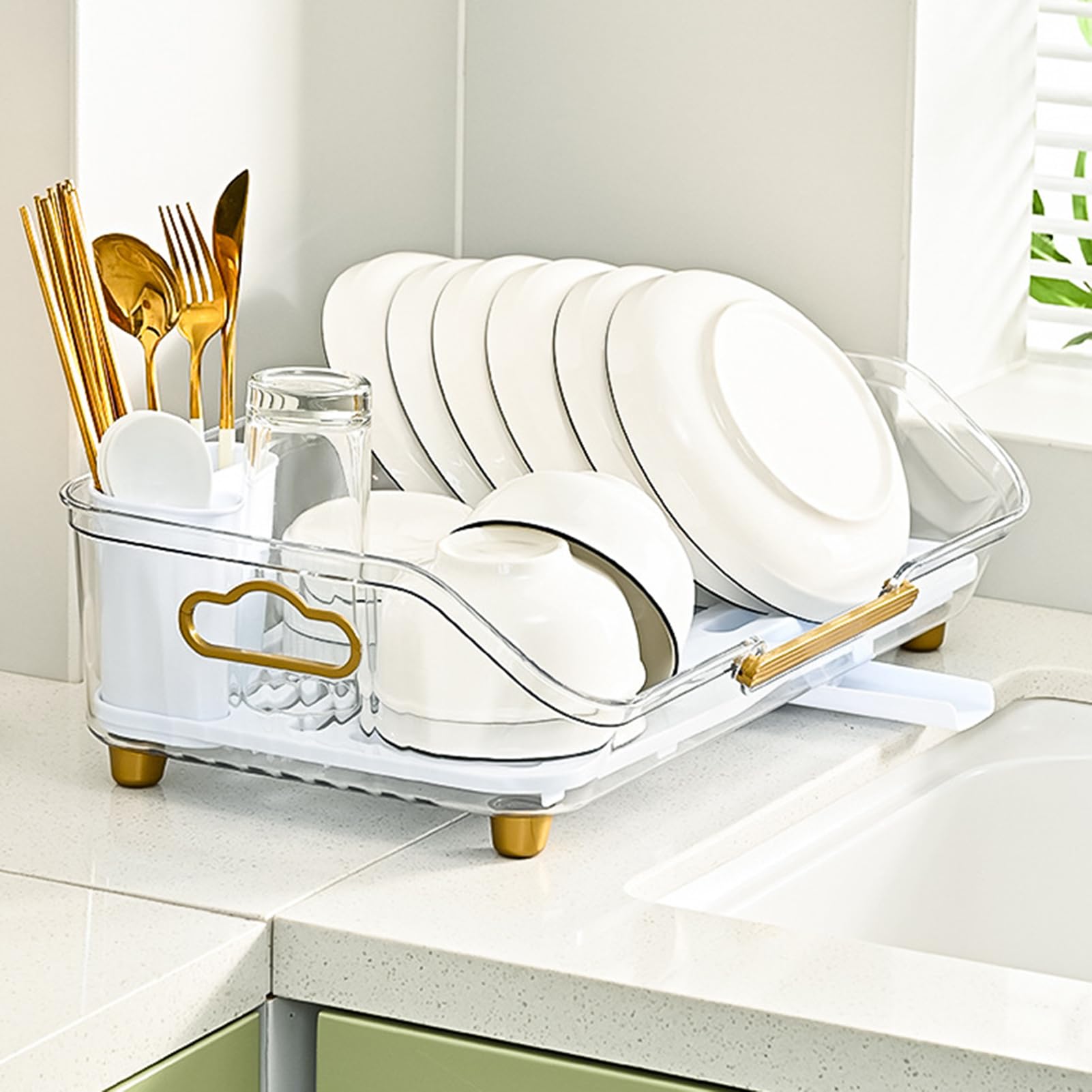 Dish Rack,Dish Drying Stand With Drainer,Kitchen Countertop Sink Organization and Storage,Coffee Mug Organizer,Drying Rack Tray Holder Plate Cutlery Cup Holder for Kitchen Counter (Clear)