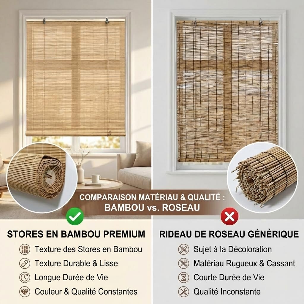 Store Bambou Intérieur, Store Bambou Extérieur, Modèle Enrouleur | Store bambou extérieur pour balcon ou terrasse couverte, enrouleur réglable par cordon avec protection de la vie privée
