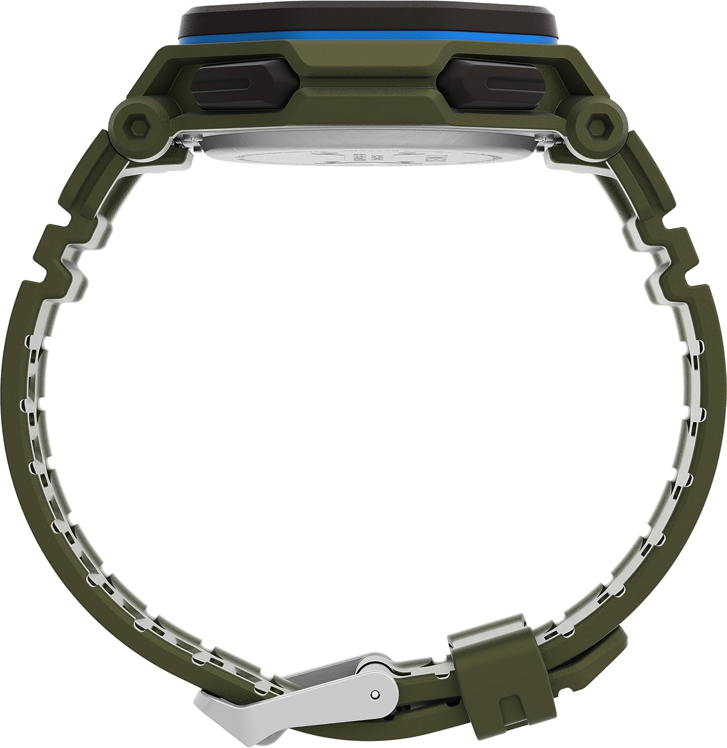 ด้านข้าง view of the Timex Command Encounter 45mm Watch, showing the thickness of the case and the texture of the green strap.