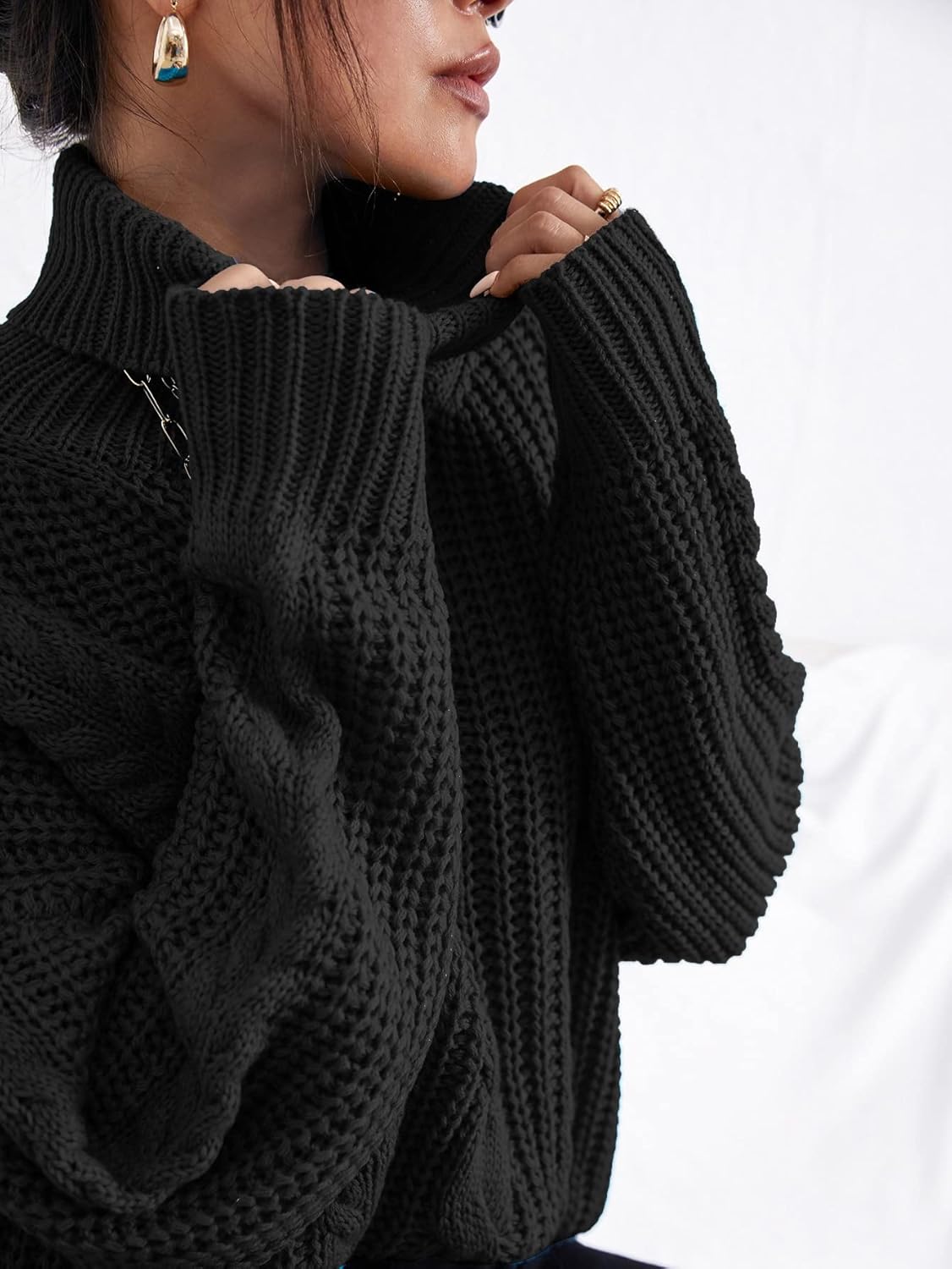 Women's Sweater Cable Knit Turtle Neck Sweater Sweater for Women (Color : Black, Size : Medium)