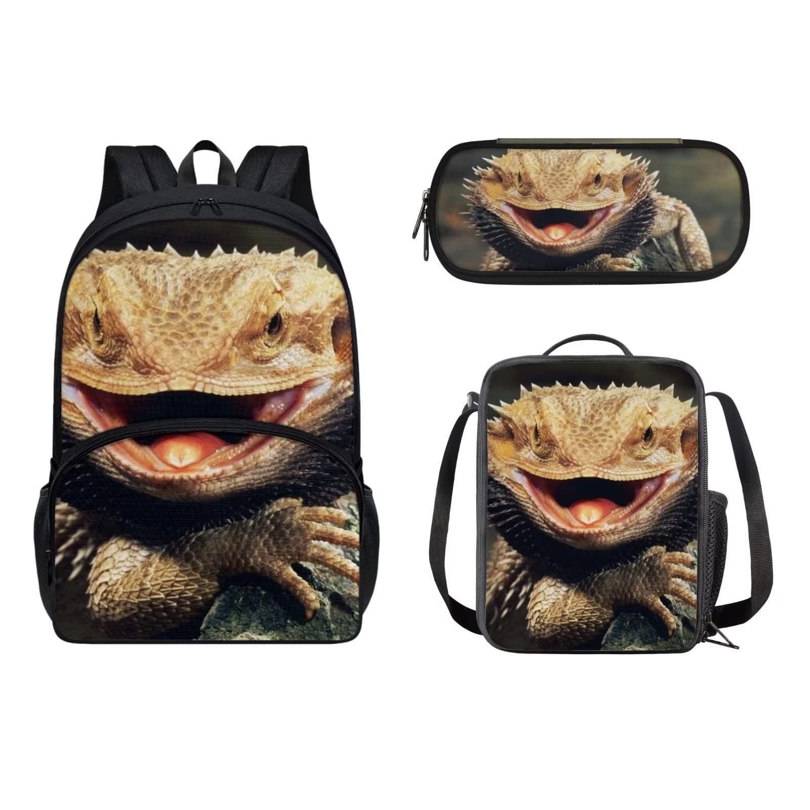 POLERO Mochila escolar de caballos para niños, juego de bolsas de almuerzo, estuche para lápices, 3 piezas, bolsas escolares, camaleón, Talla única, Mochila infantil