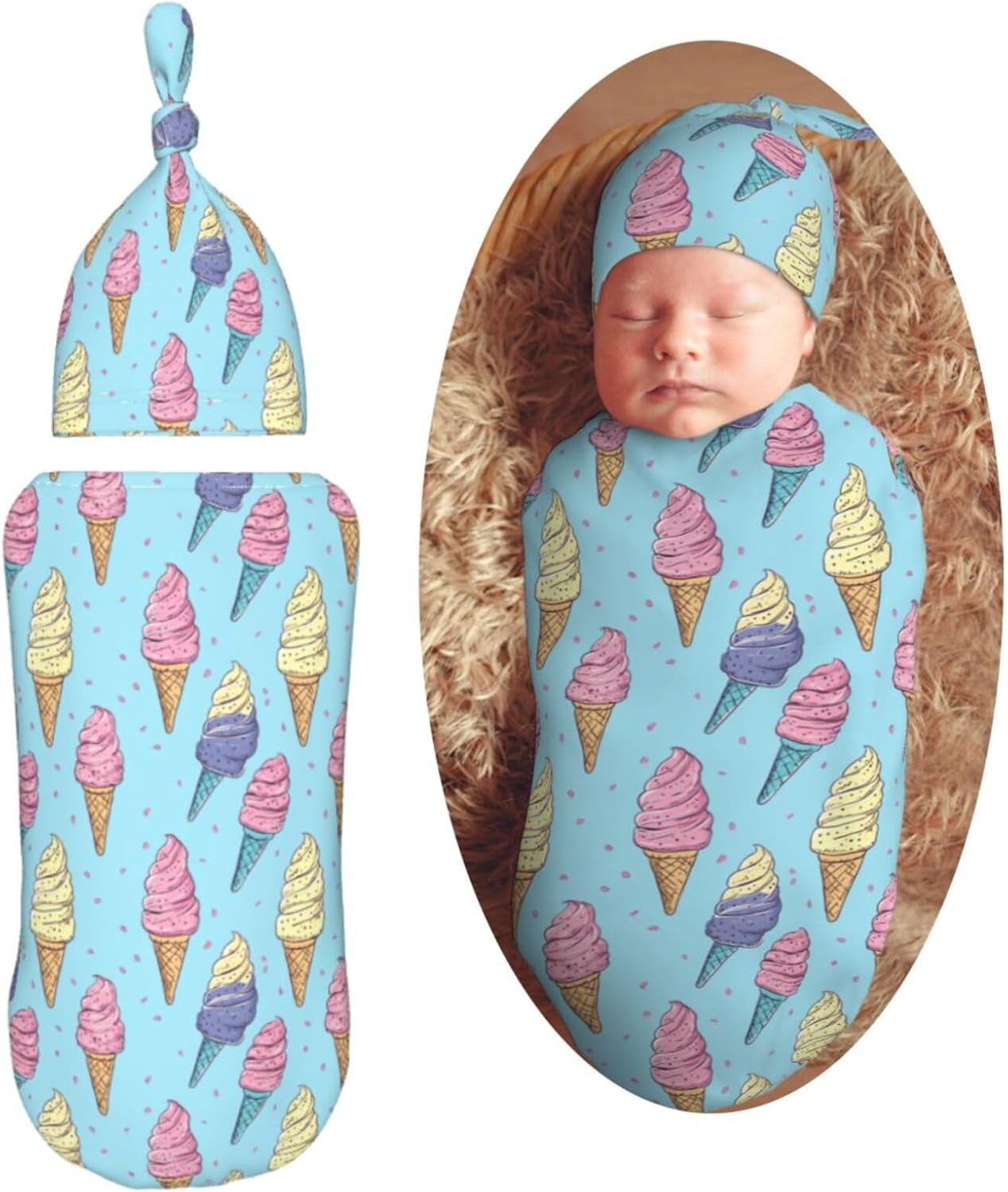 Colourful Ice Cream Newborn Swaddle Blankets Hat Sets Soft Baby Receiving Blanket Swaddle Sack for Baby Shower Infant Boy Girl Gift