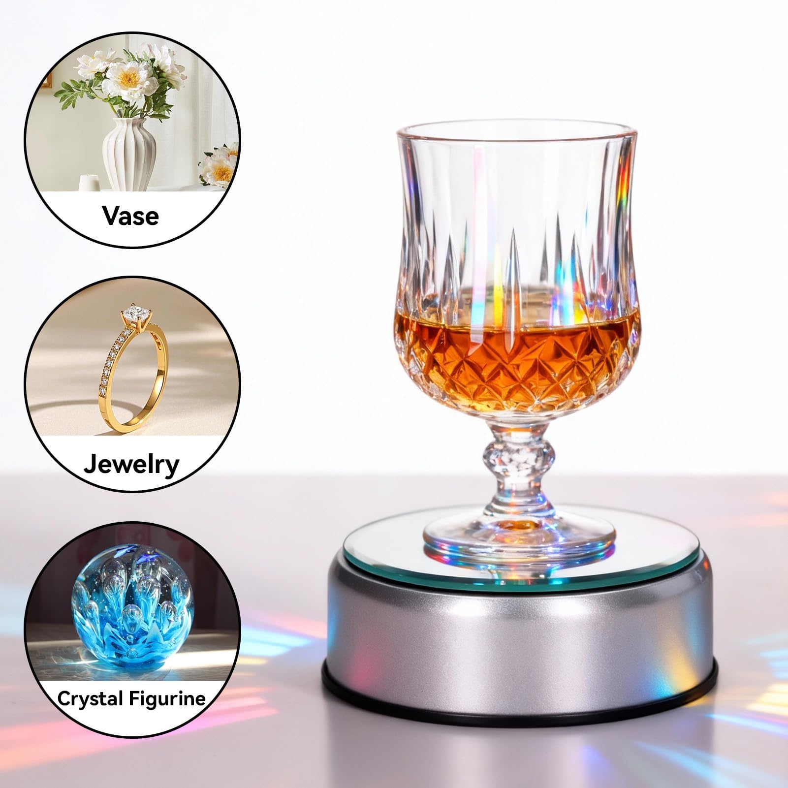 Espositore girevole, base per display girevole a LED Base luminosa colorata Base di visualizzazione in vetro Display a tazza Turner Statua girevole illuminata Piattaforma