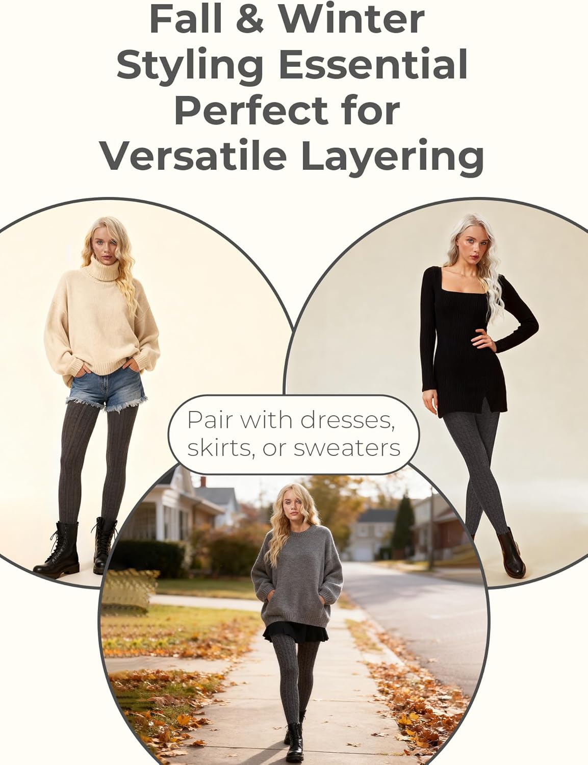 Women's Cable Knit Tights - Cozy Warm Opaque Fall Winter Sweater Tights, Black/Dark Gray/Warm White (S/M-L/XL) - Image 6