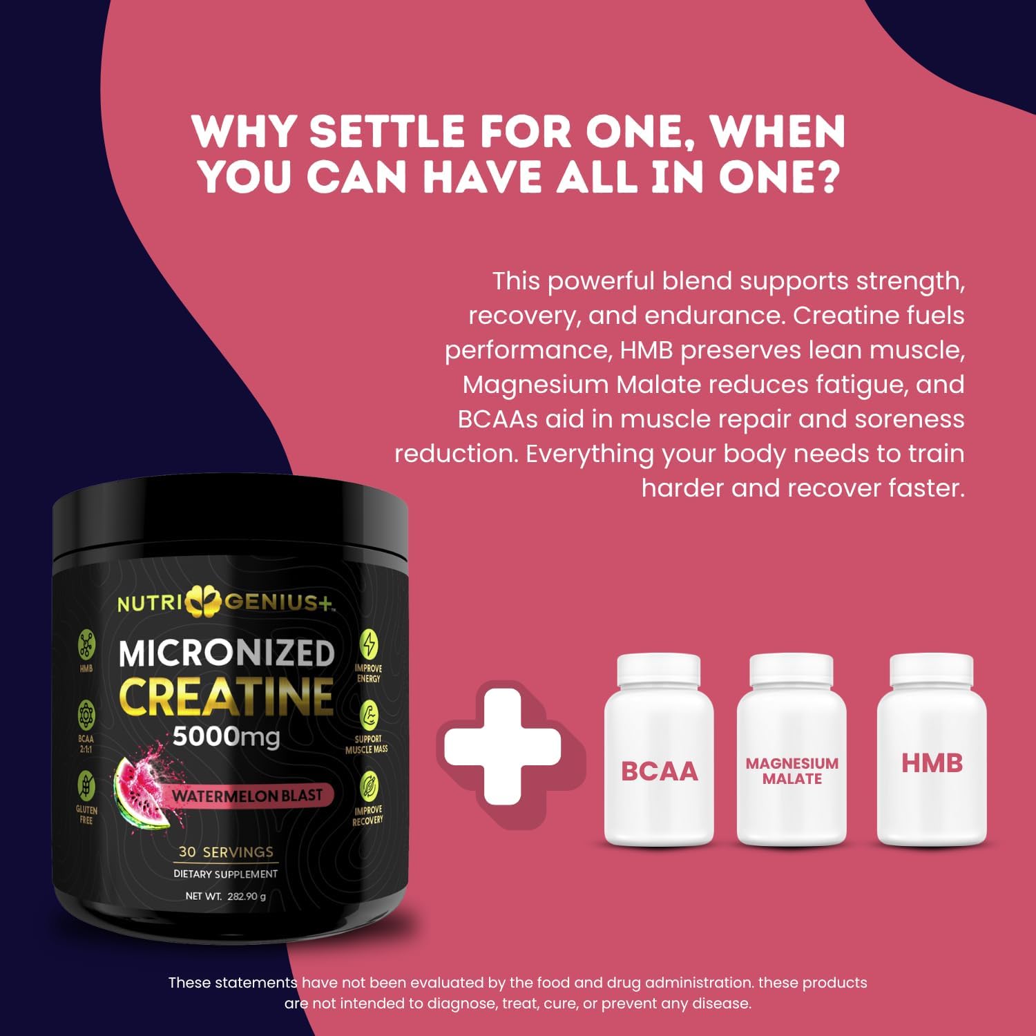 Creatine Monohydrate 5g with BCAAs –Support Muscles, Cellular Energy and Cognitive Function* – Watermelon Micronized Powder – 30 Servings Keto Friendly - Gluten-Free