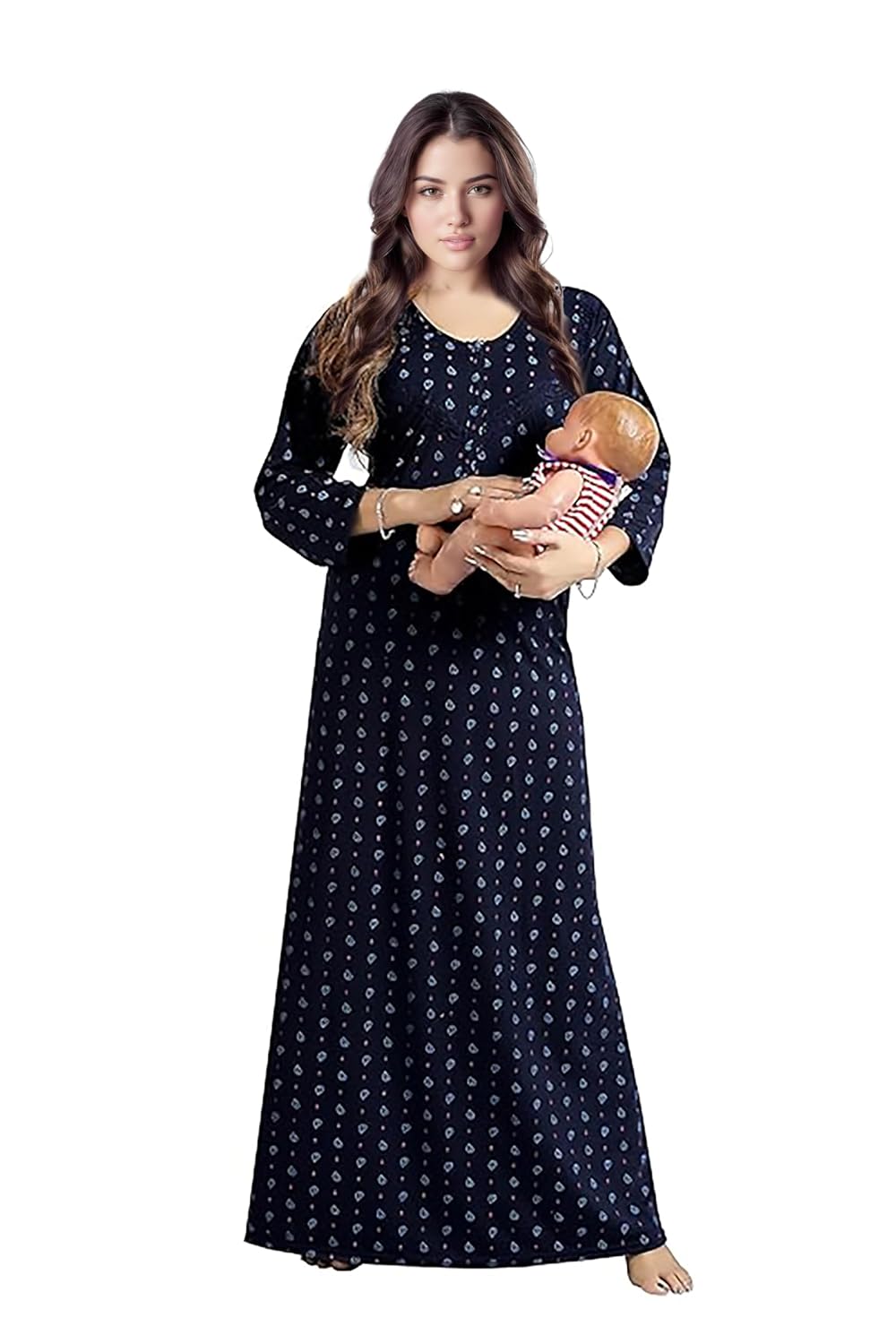 Adwester Women's- Full Sleeves-Feeding- Nursing- Maternity Nighty/Maxi/Gown/Nightdress/Nightwear- Hosiery Cotton Fabric- F...