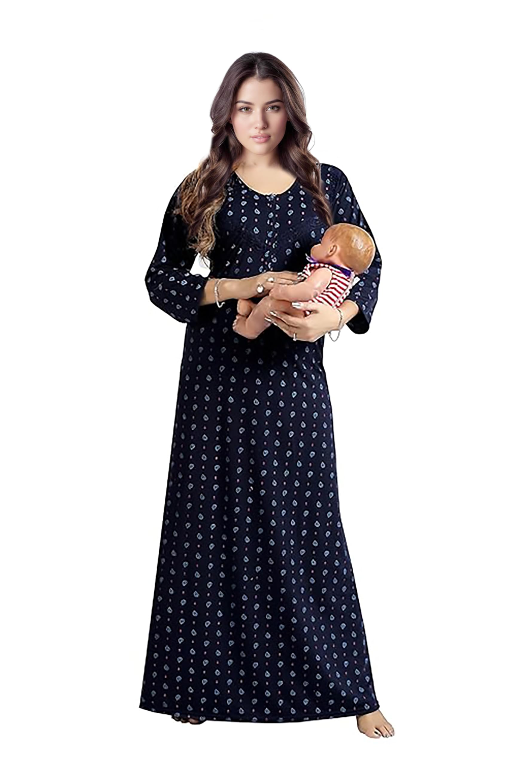 adwester Women's- Full Sleeves-Feeding- Nursing- Maternity Nighty/Maxi/Gown/Nightdress/Nightwear- Hosiery Cotton Fabric- Floral Print- Embroidery with Zip-picture-42