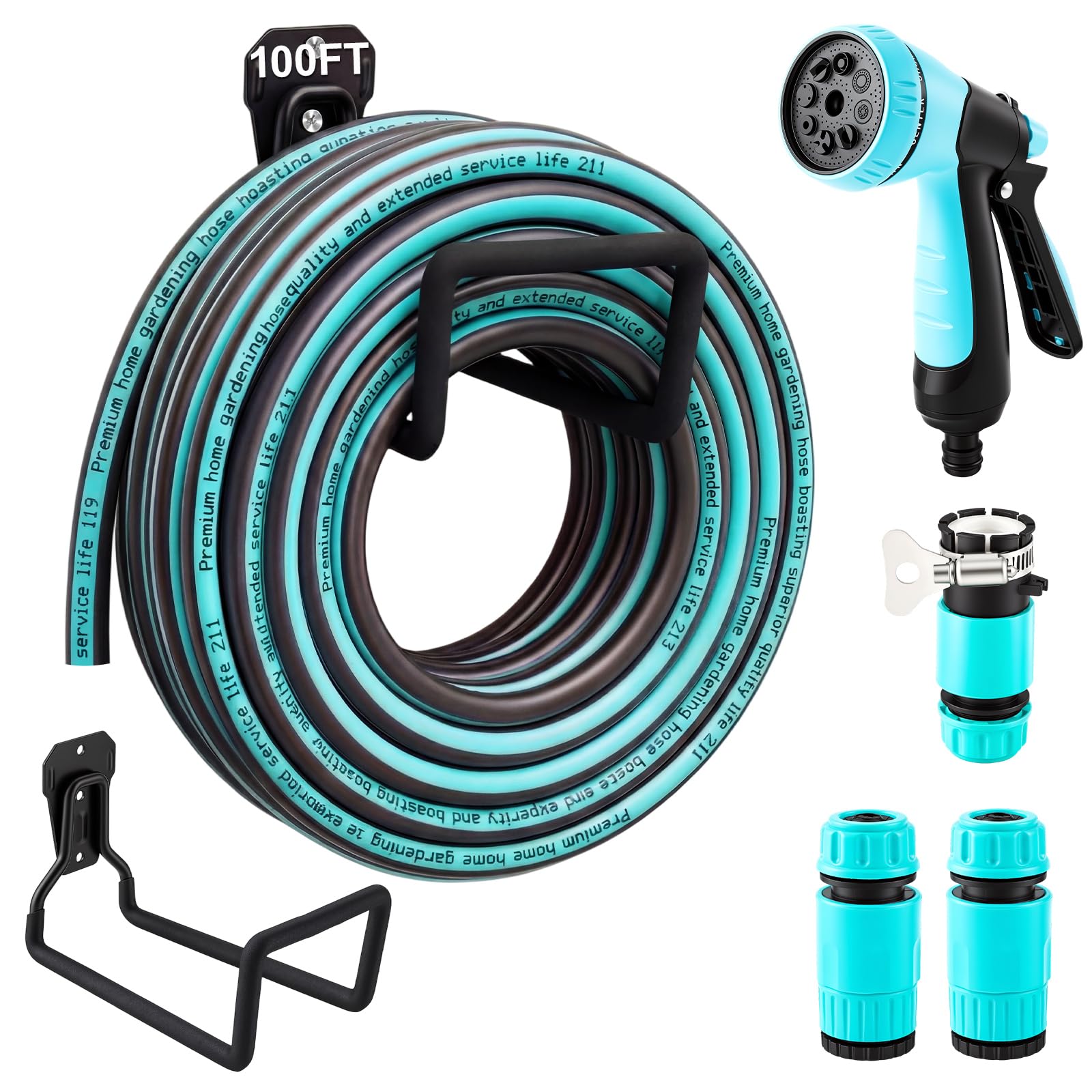 Photo 1 of Jowwcen 1/2 Inch Garden Hose 100 ft with 8 Pattern Spray Nozzles and Holder Heavy Duty Flexible Garden Water Hose for Yard, Lawn, Car Wash and Outdoor Watering
