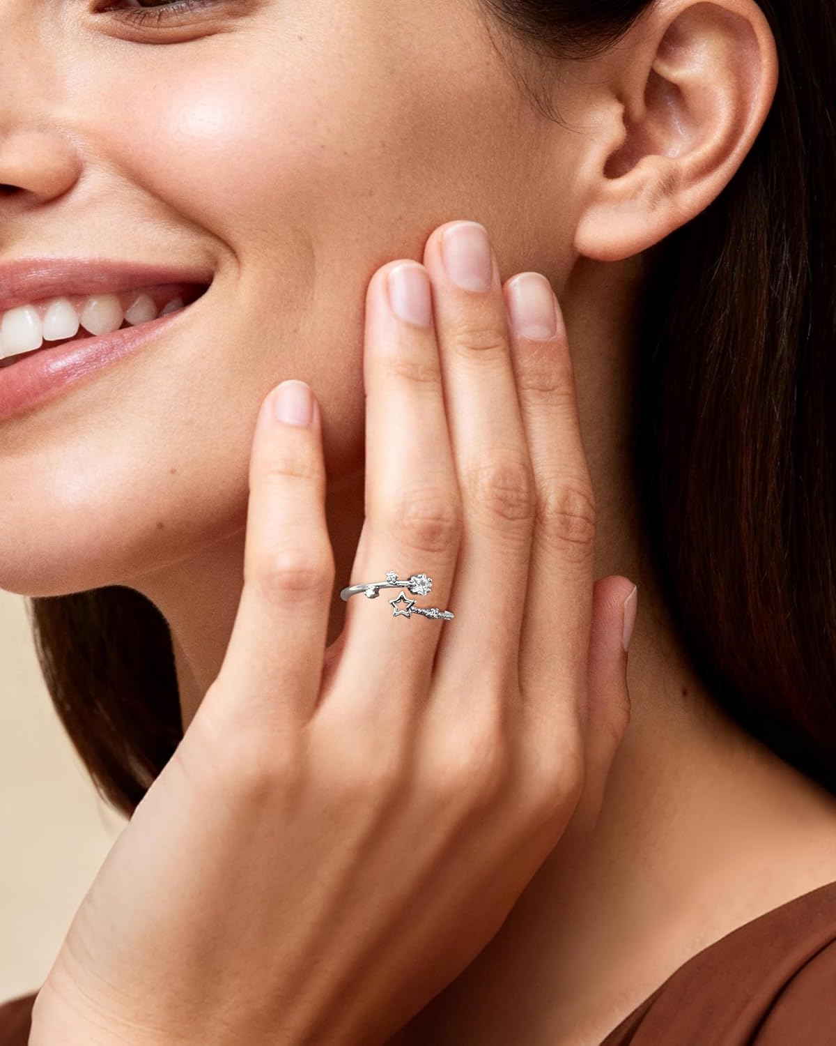 Y2K Silver Cubic Zirconia Star Flower Open Ring Cute Dainty Statement Adjustable Ring for Women - Image 6