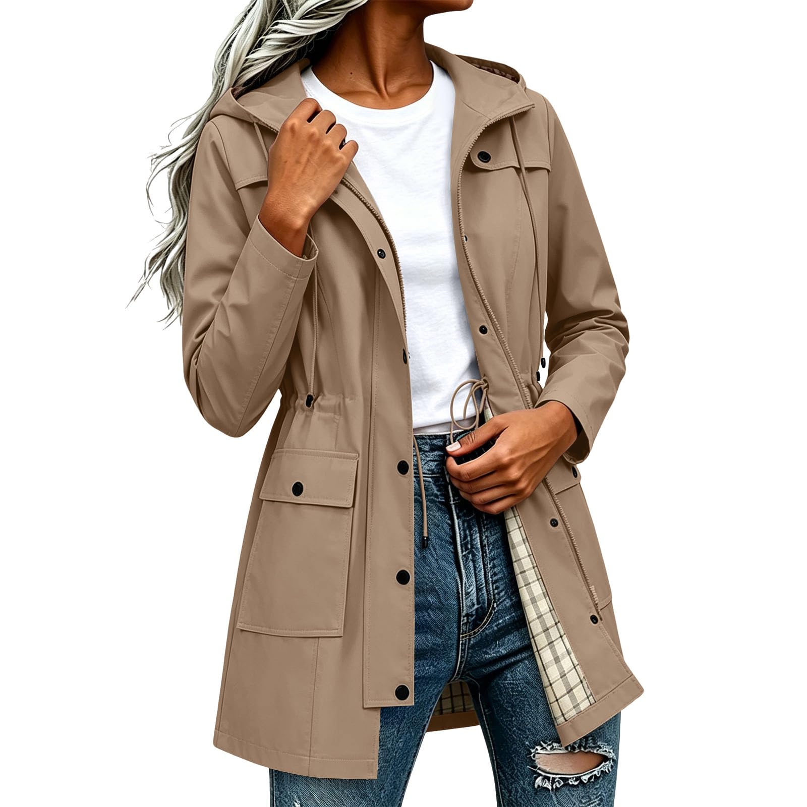Znwerma long waterproof coats for women Waterproof Jacket Lightweight for Women Ladies Windbreaker Rain Coats Full Zip Hooded Long Raincoat Casual Hiking Walking Outwear Khaki