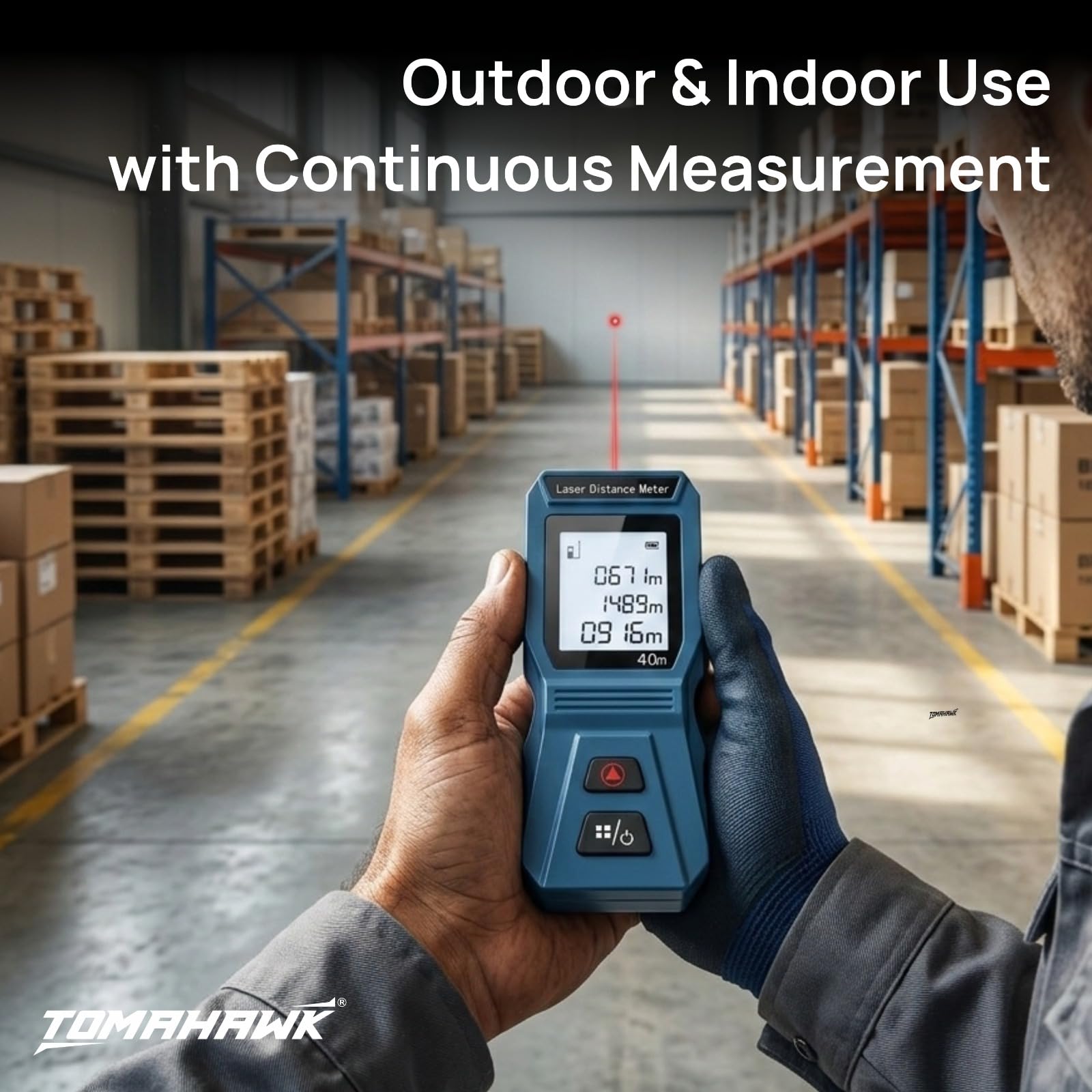 TOMAHAWK® TLM-O-40 Laser Distance Meter Measurer 131Ft/40M with Area, Volume and Pythagoras Measurement - Water and Dust Resistant Laser Measuring Device with Backlit LCD, Battery Included 2