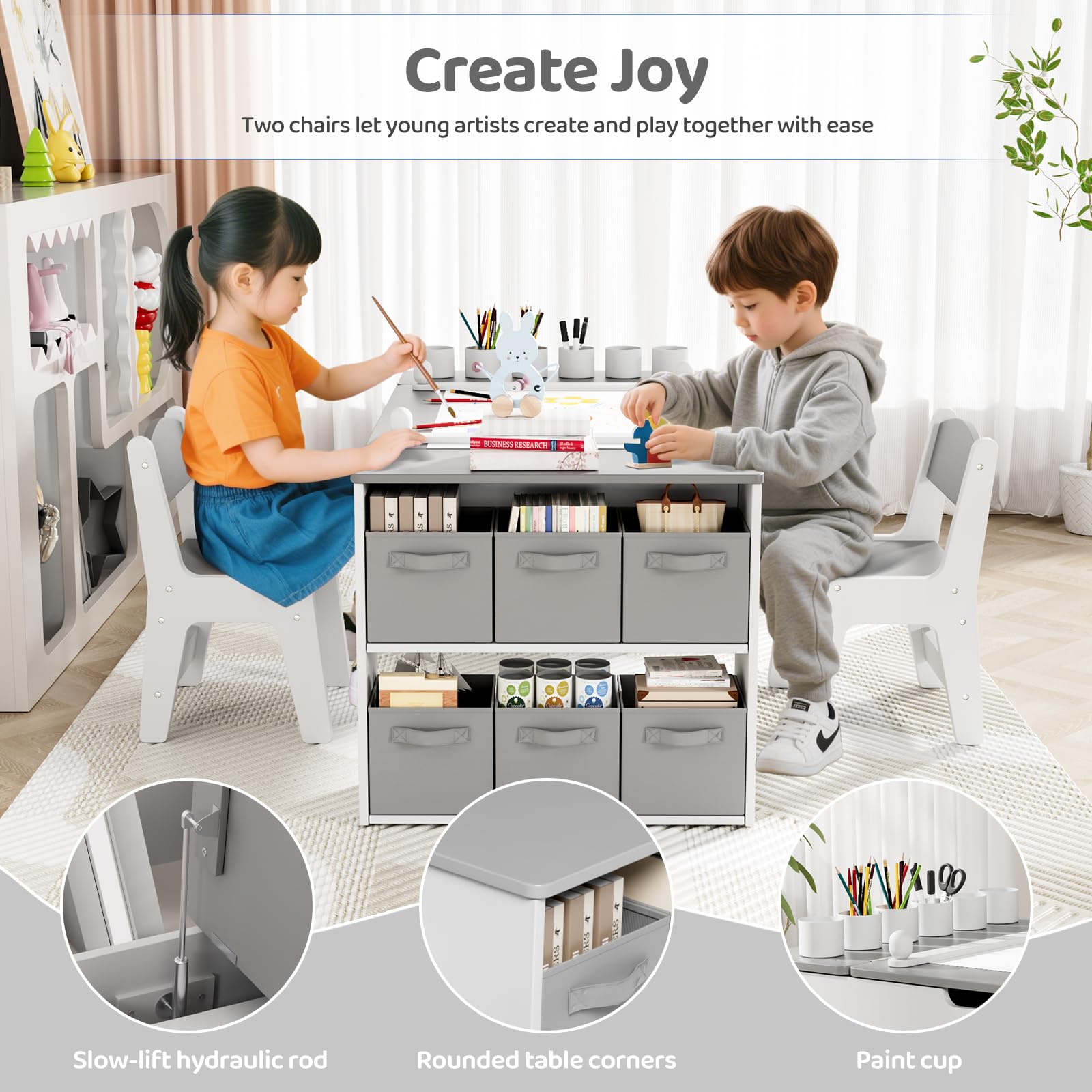 MAMIZO Mesa y Sillas Infantiles Madera con 2 Sillas, Mobiliario Infantil con Espacio de Almacenaje para Niños a Partir de 3 Años, Mesa de Pintura para Habitación Infantil, Sala de Juegos (Gris)