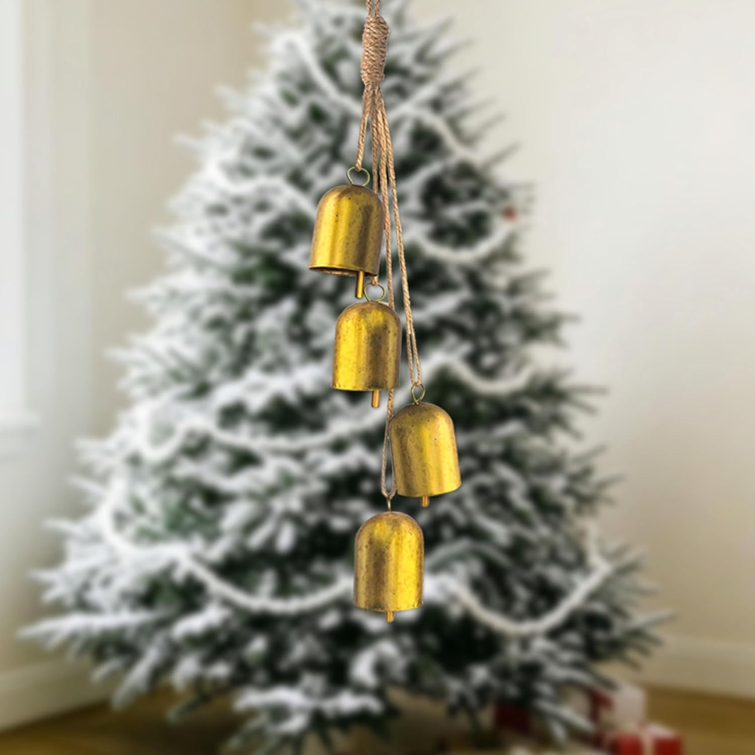 2 Pcs Christmas Bell Ornaments, Metal Vintage Bells with Jute Hanging Rope