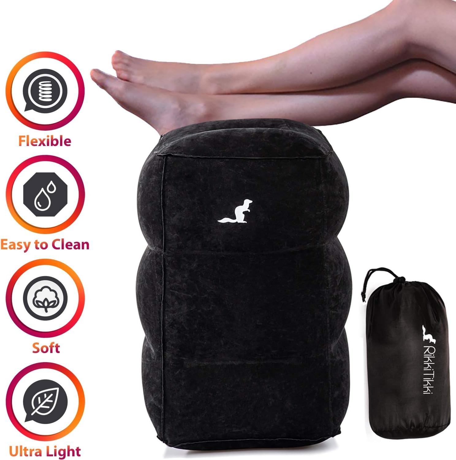 RikkiTikki Travel Foot Rest Pillow - Inflatable Footrest Airplane Portable - Inflatable Ottoman Foot Rest - Car Foot-Rest - Inflatable Foot Rest for Couch - Airplane Leg Rest