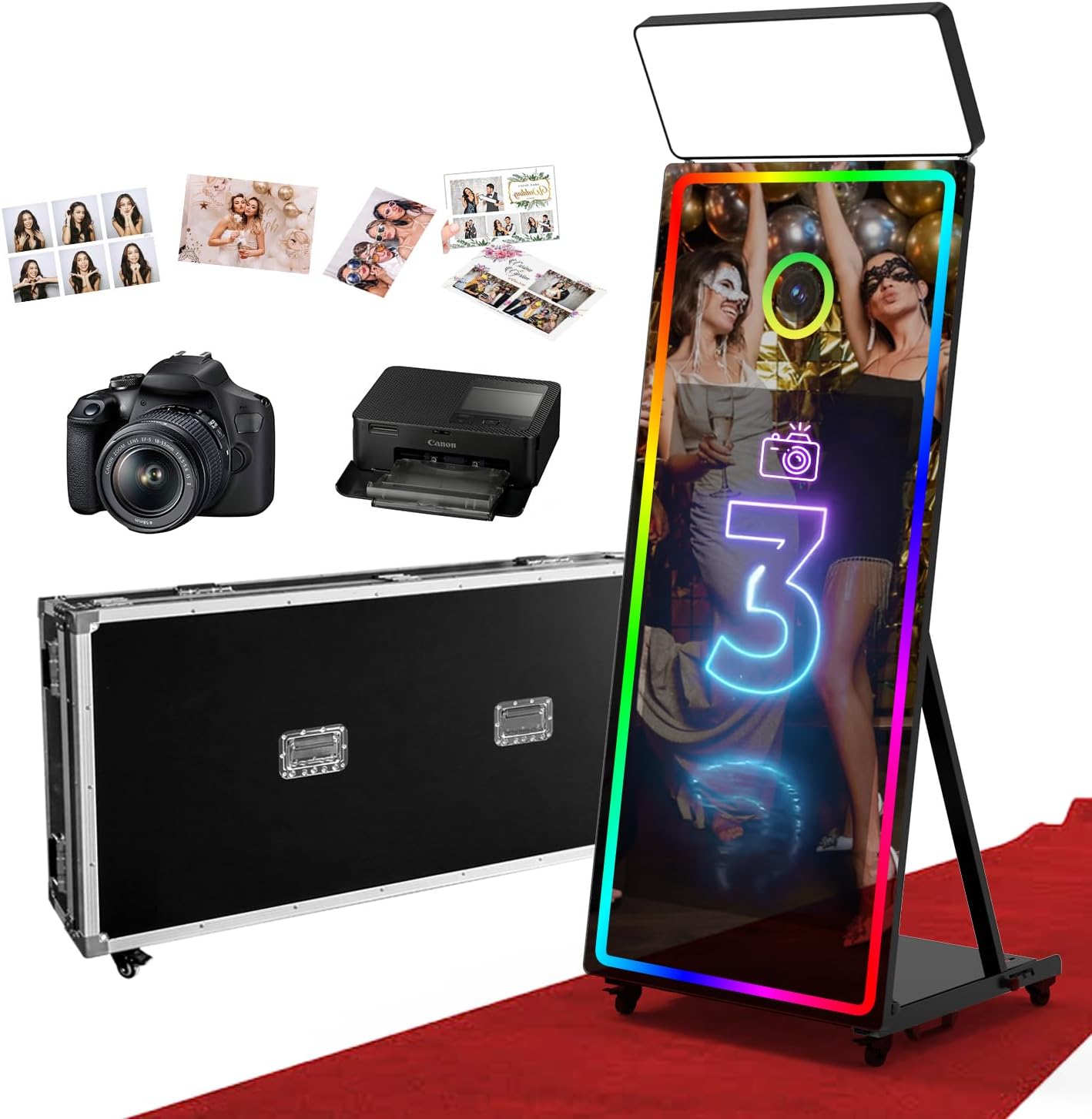 65'' Magic Mirror Photo Booth with 43'' Touch Screen, Mirror Photo Booth with Camera and Printer, Square Fill & LED Light, Instant Sharing & Branded Flight Case for Wedding, Party & Event-Black