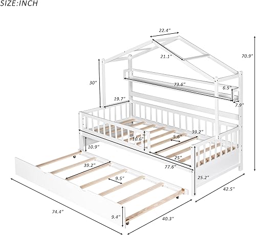 Miniatura 110 de Base de cama de casa de tamaño individual con techo y valla, marco de cama de madera para niños pequeños, adolescentes, niñas, niños, se puede