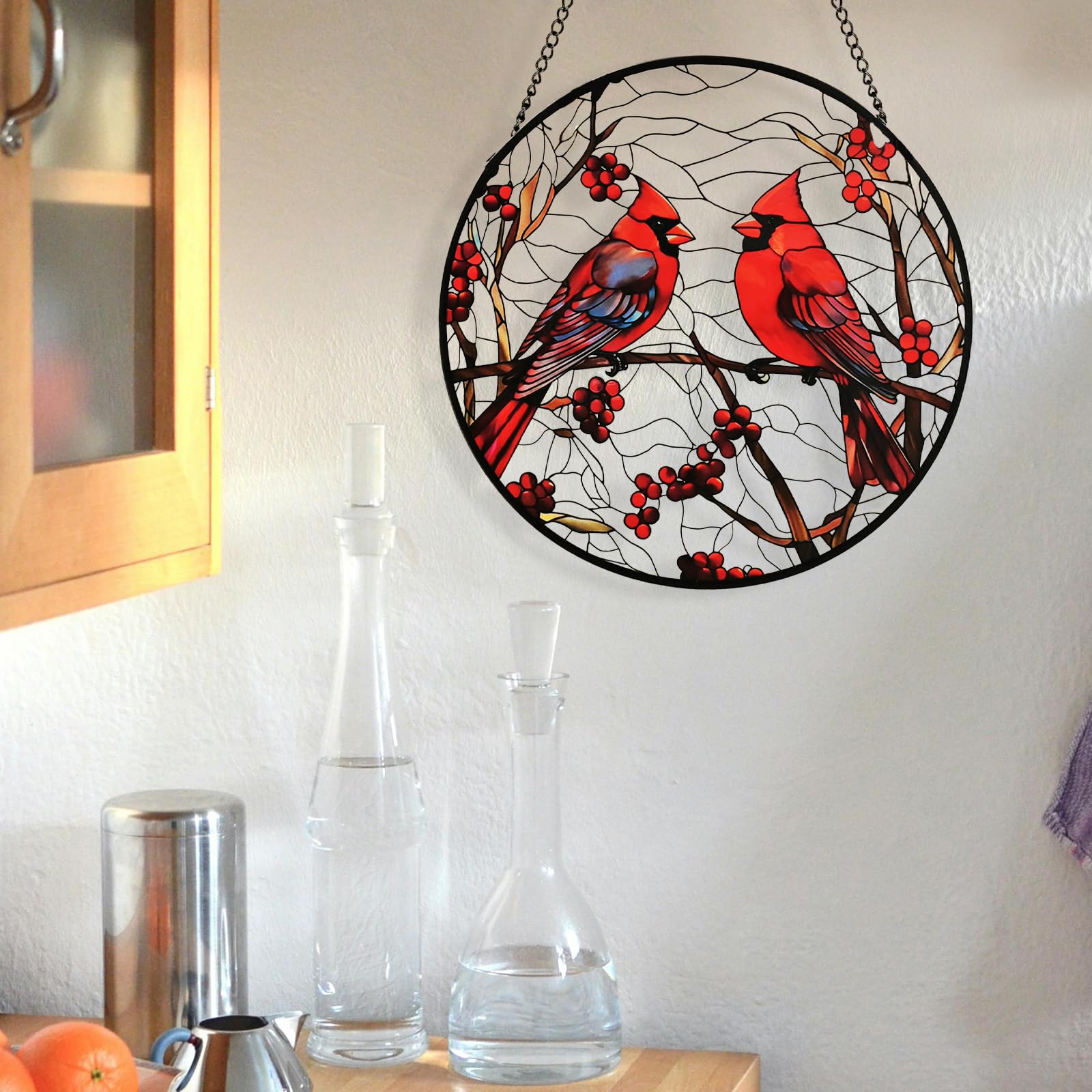 HOTIYOK Buntglas-Sonnenfänger Mit Kardinalvögeln – Runde Fensterdekoration, Handbemalt