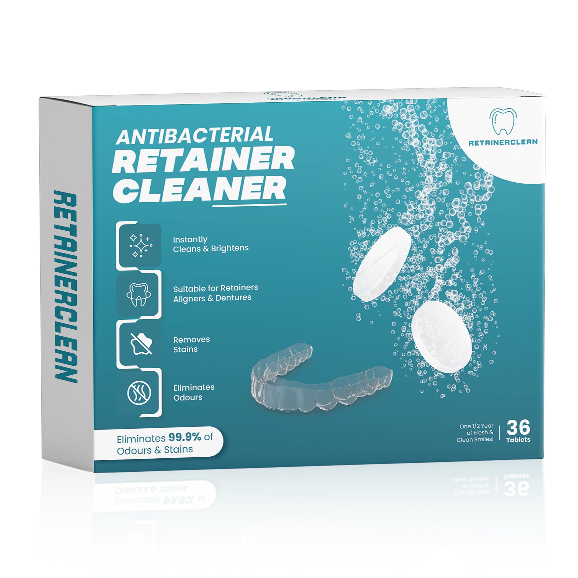 Retainer Cleaning Tablets - Premium Denture Cleaning Tablets - Stain Free, Gentle Teeth Aligner Cleaner Tablets - Fresh, No After Taste Mouth Guard Cleaner - Easy to Use- 36 Tablets - 1 Months Supply